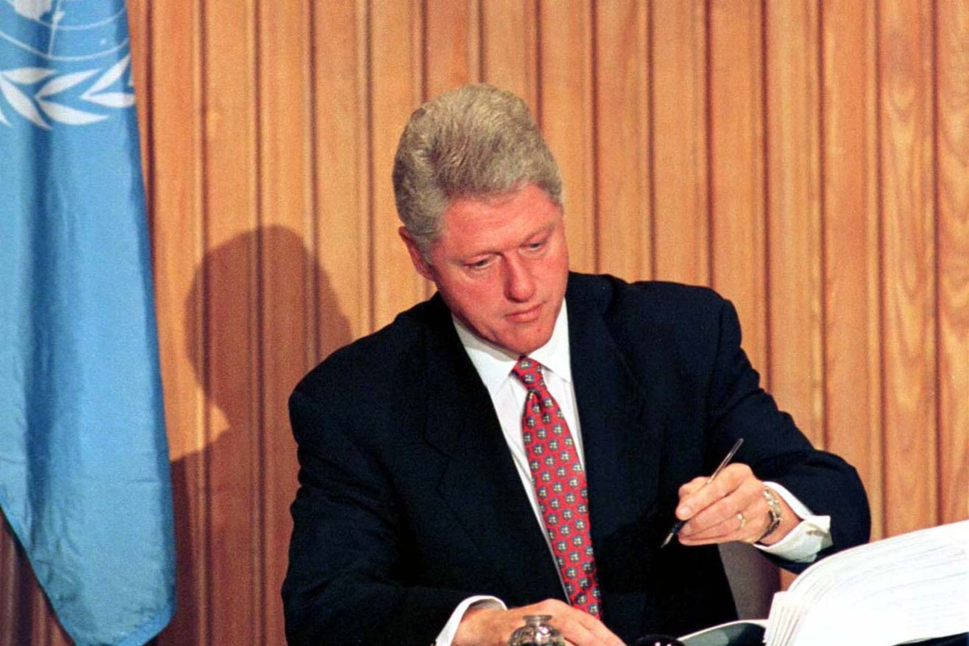 <p>President Bill Clinton signs the Comprehensive Nuclear Test Ban Treaty at the United Nations in New York, September 24, 1996.</p>
