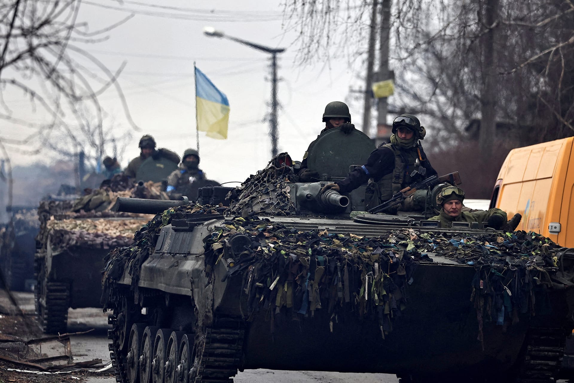 Ukrainian soldiers are pictured in their tanks, amid Russia's invasion on Ukraine, in Bucha, in Kyiv region, Ukraine.
