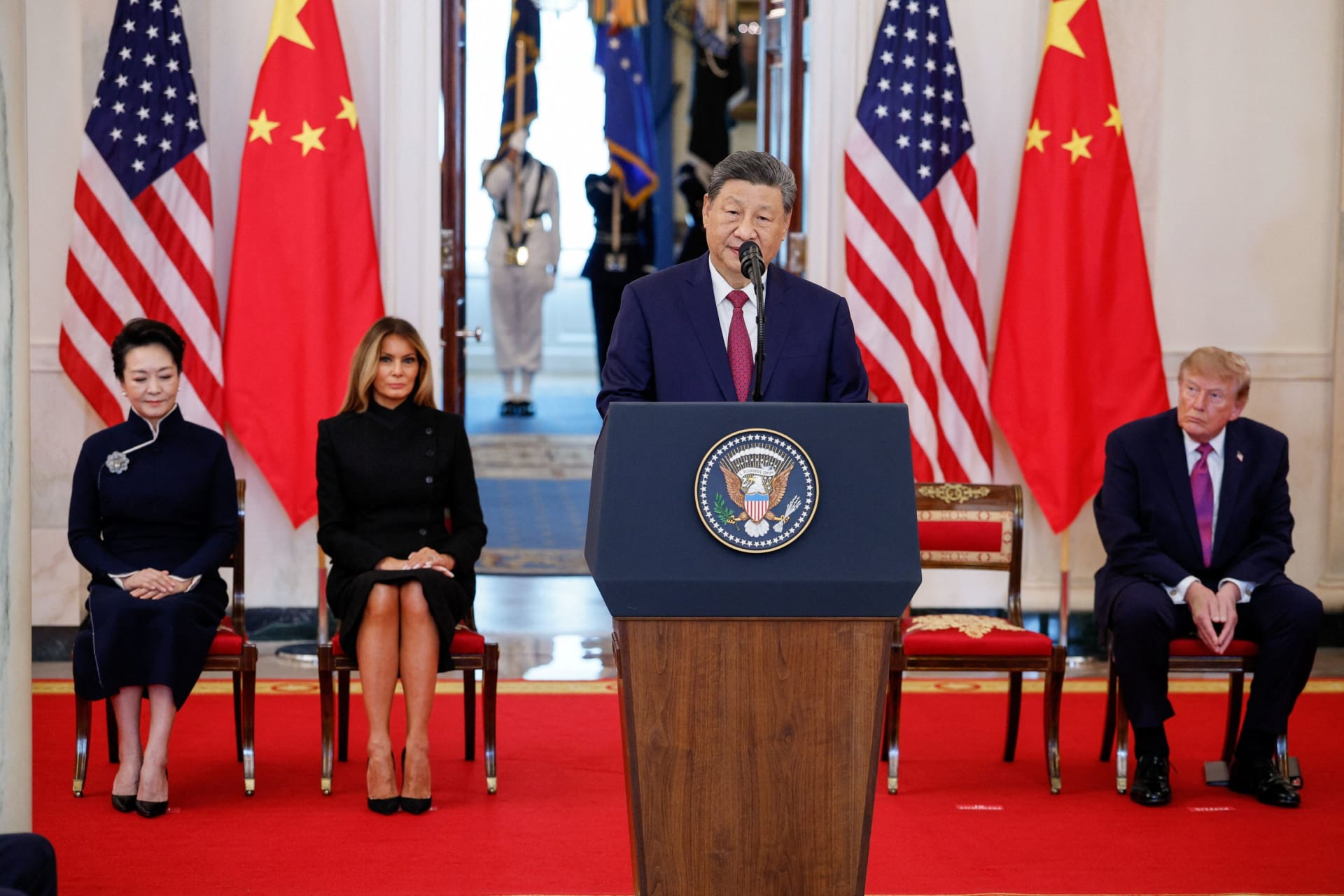 Peng Liyuan, wife of Chinese President Xi Jinping, US first lady Melania Trump and US President Donald Trump listen to Xi Jinping delivering remarks at the White House in Washington, D.C., US, September 24, 2026.