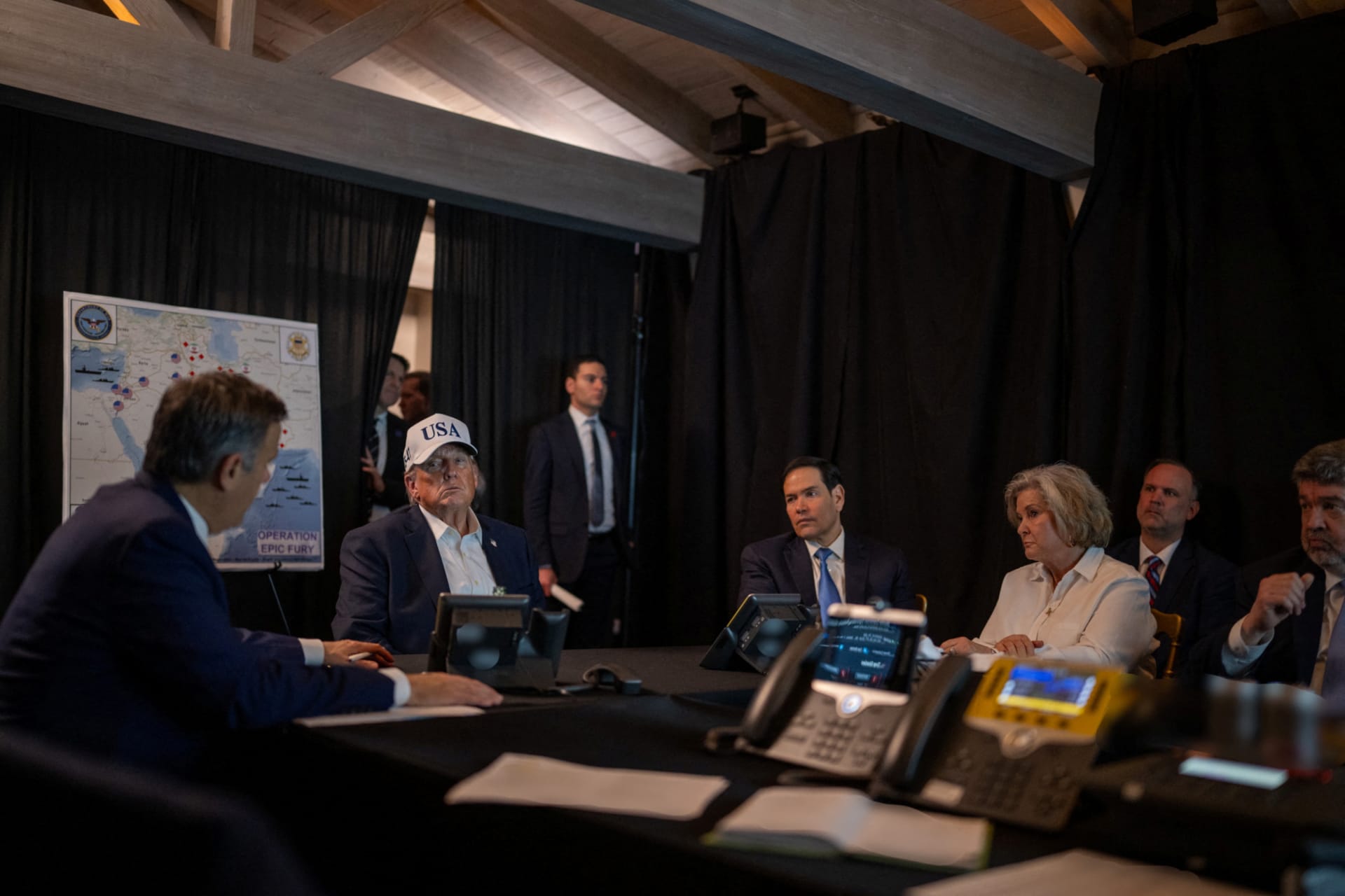 <p>President Donald Trump with his advisors at Mar-a-Lago, Florida, overseeing the opening hours of Operation Epic Fury, February 28, 2026.</p>
