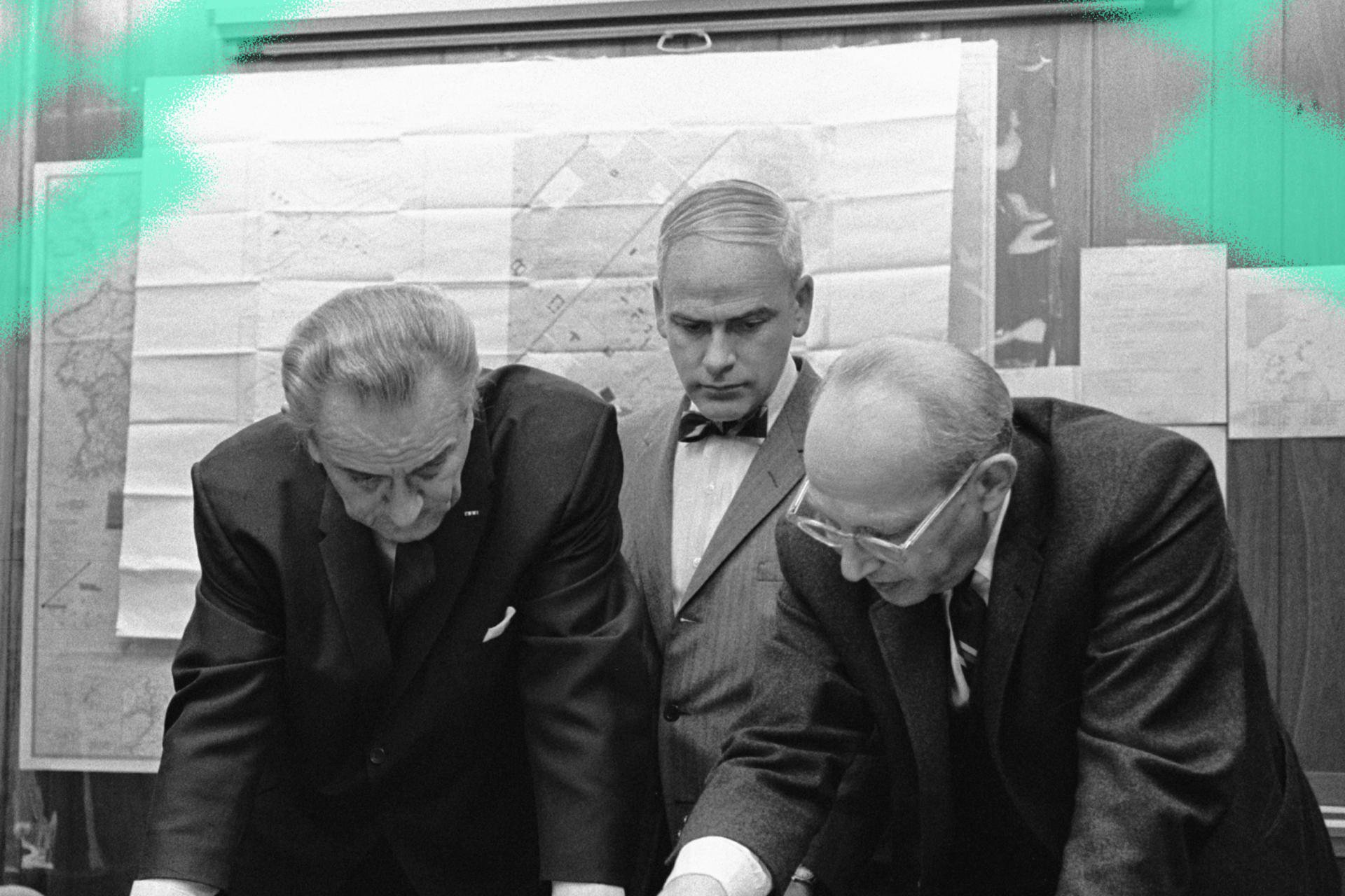National Security Advisor Walt Rostow shows President Lyndon Baines Johnson options for a military attack during the Vietnam War in 1968.