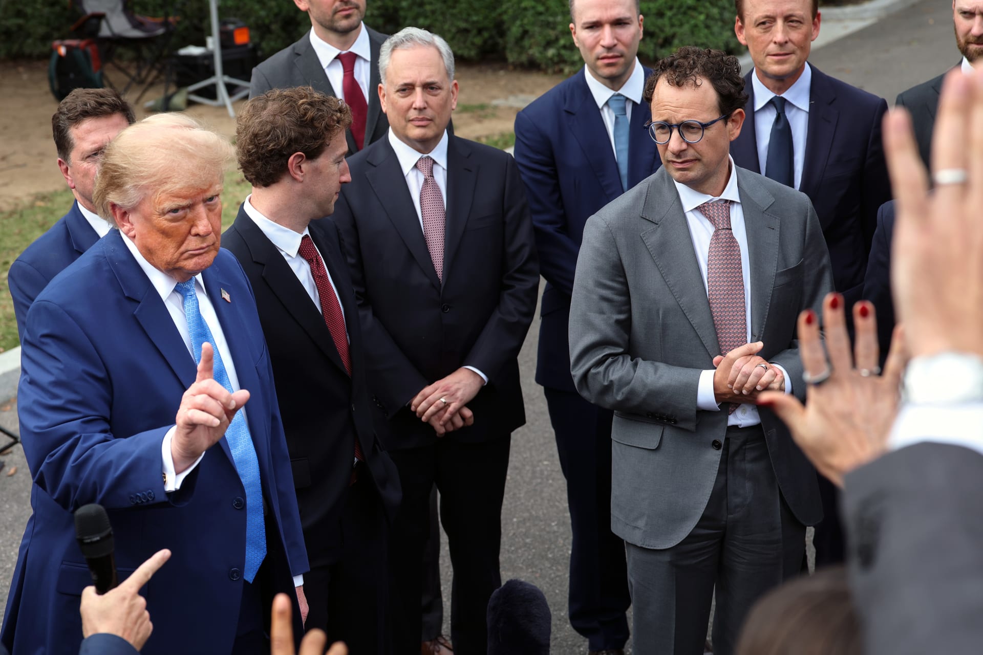 Dario Amodei, co-founder of Anthropic, takes questions alongside Mark Zuckerberg, CEO of Meta Platforms, and U.S. President Donald Trump as Trump holds a press briefing with AI executives following a meeting on artificial intelligence outside the West Wing of the White House on September 29, 2026 in Washington, DC.