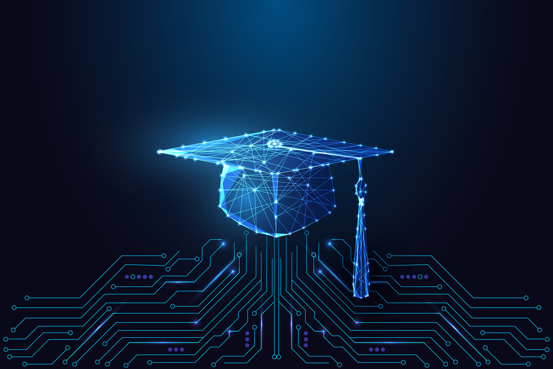 A glowing polygonal graduation cap connected to a circuit board on dark blue background.