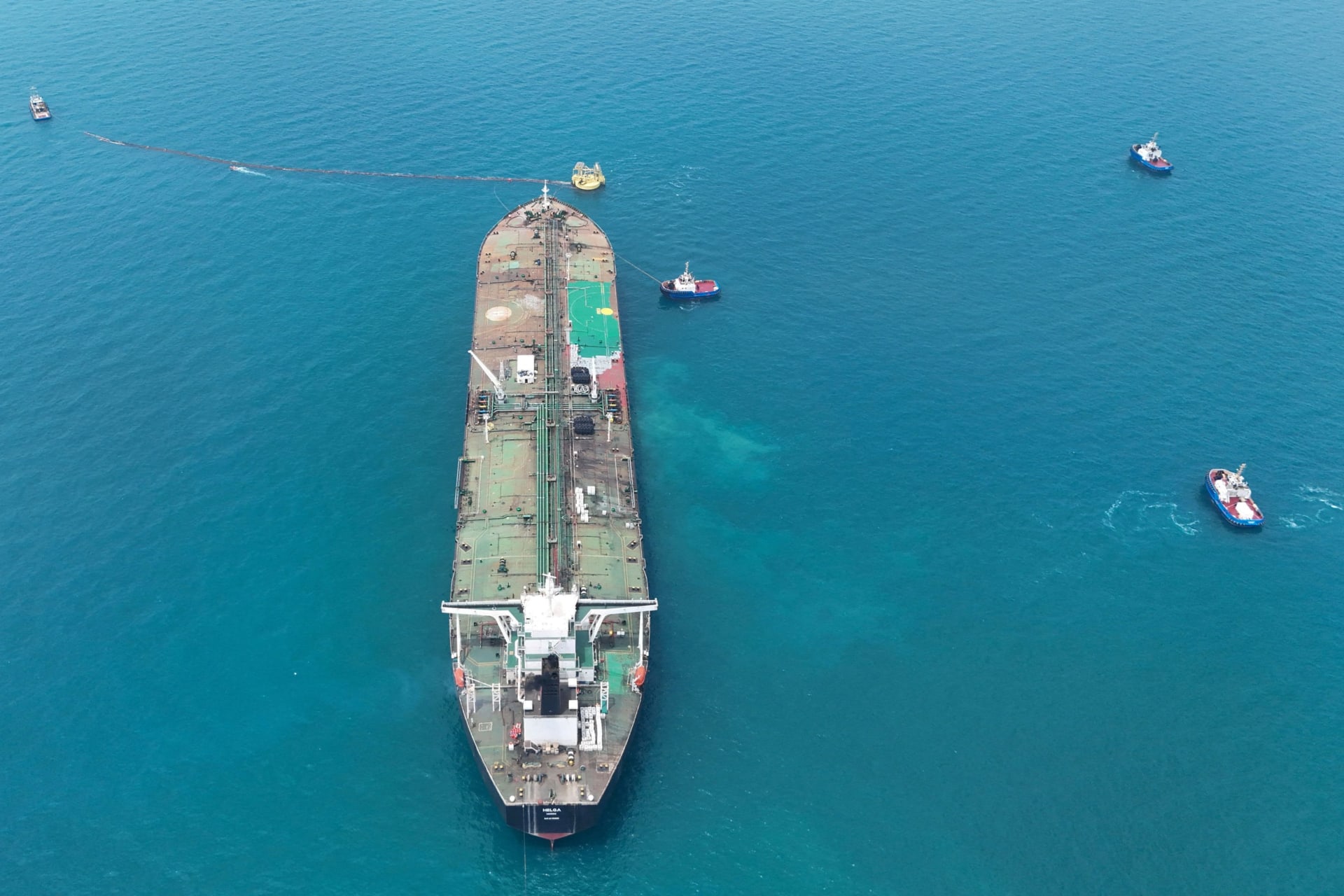 FILE PHOTO: Drone view of oil tanker HELGA berthed at one of Iraq's southern offshore oil terminals near Basra, as it prepares to load crude oil, April 24, 2026. REUTERS/Mohammed Aty/File Photo