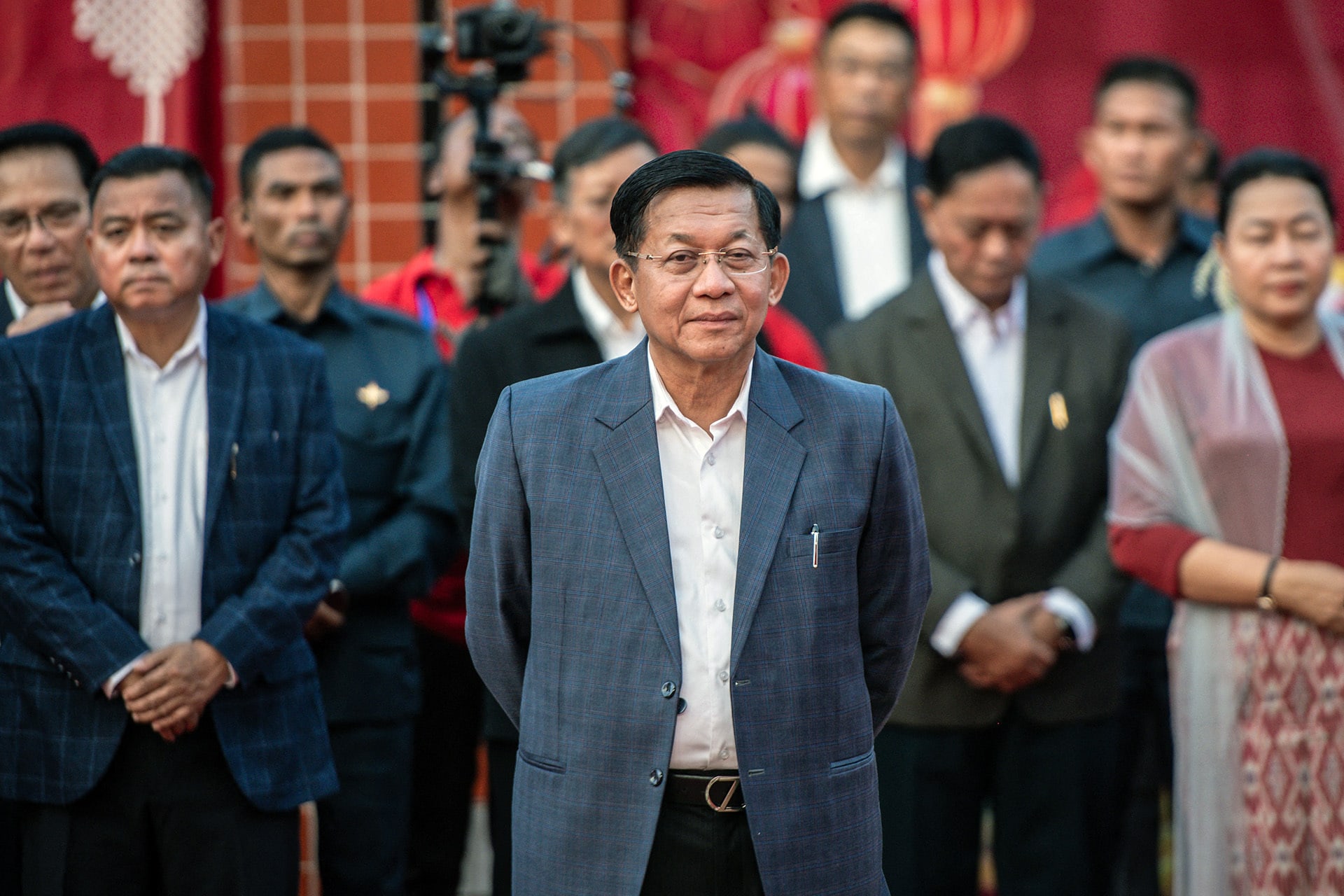 <p>Myanmar’s military chief Min Aung Hlaing (C) attends a ceremony on the eve of the Lunar New Year in Yangon on January 25, 2025.</p>

