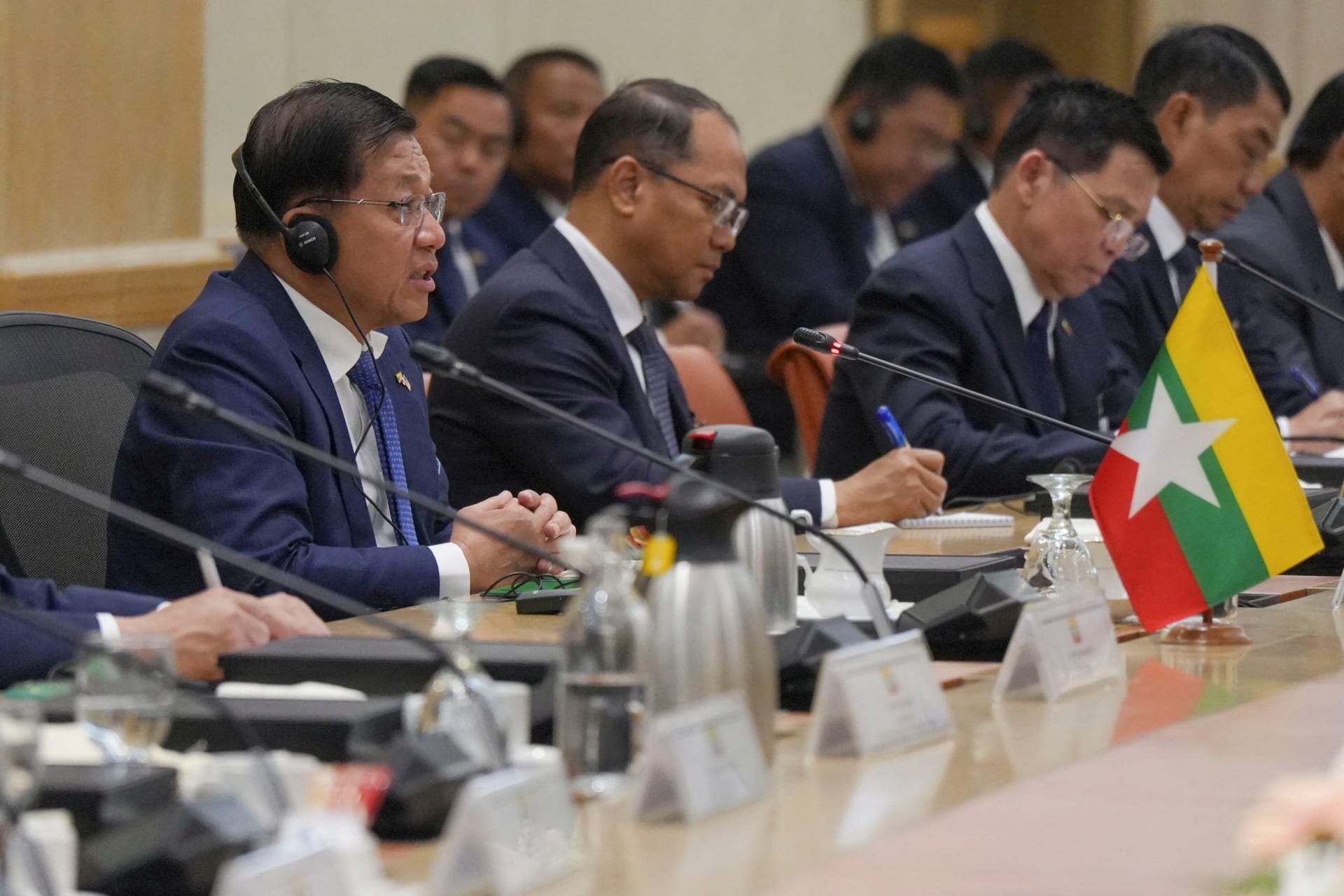 Myanmar’s President Min Aung Hlaing speaks during a bilateral with meeting with Malaysia’s Prime Minister Anwar Ibrahim (not pictured) in Putrajaya, Malaysia, Thursday, Oct. 8, 2026.