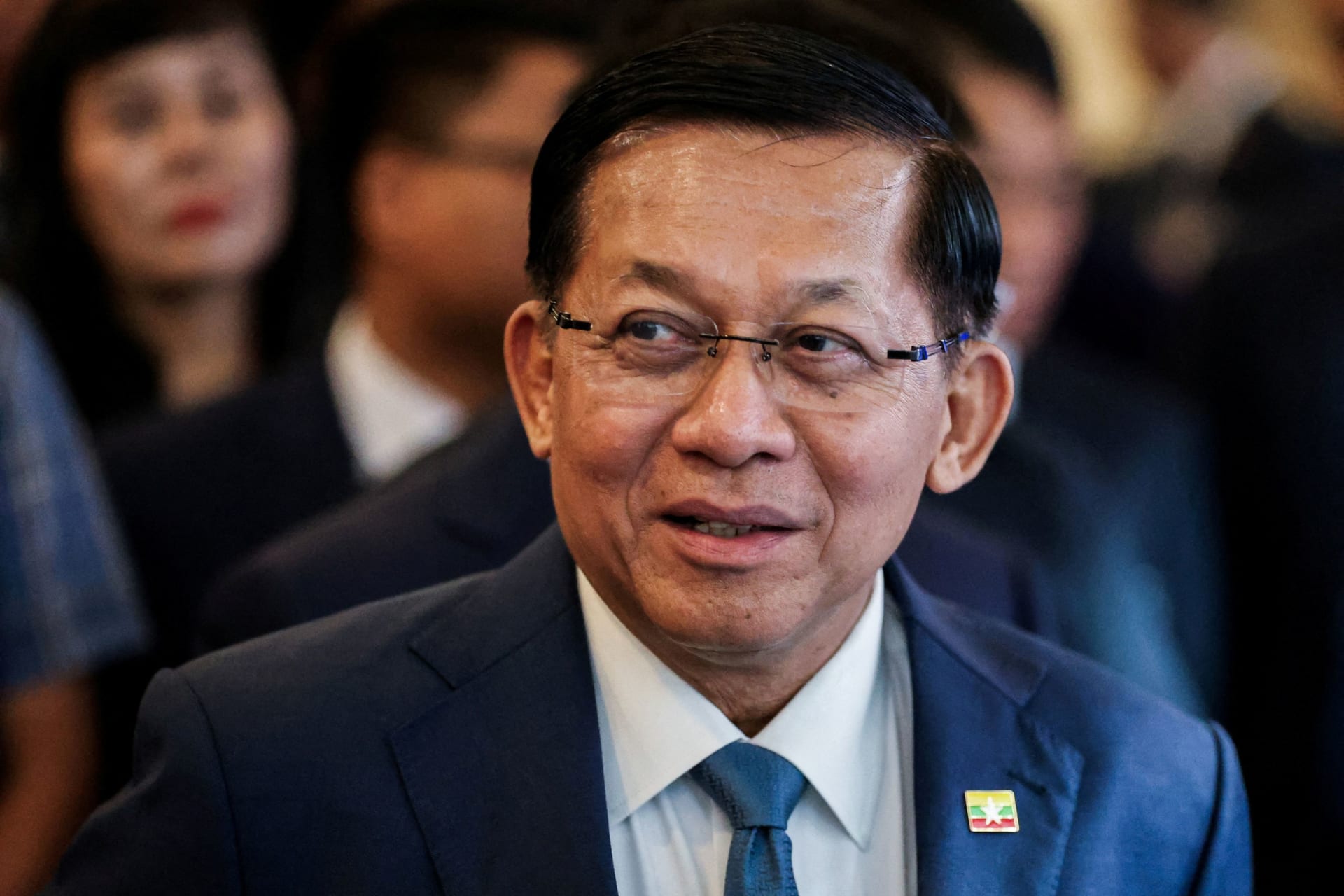 FILE PHOTO: Myanmar's President Min Aung Hlaing gestures at the Vietnam-Myanmar Business Forum during his official state visit to Vietnam, in Hanoi, Vietnam, September 6, 2026. REUTERS/Thinh Tien Nguyen/File Photo