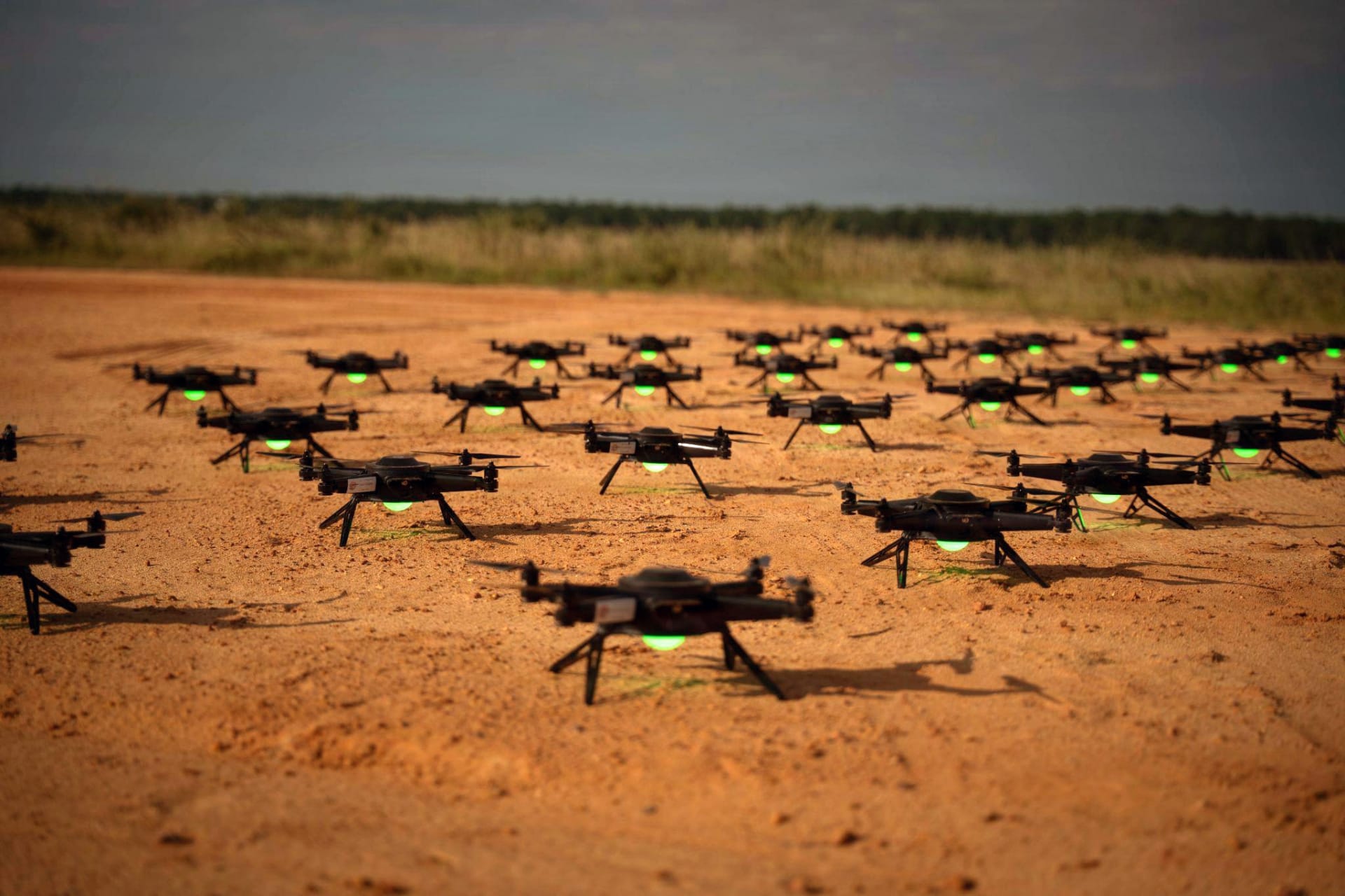 Drones synchronize before a swarm flight during the XVIII Airborne Corps’ Scarlet Dragon 26-3 at Fort Bragg, N.C., on Sept. 16, 2026.