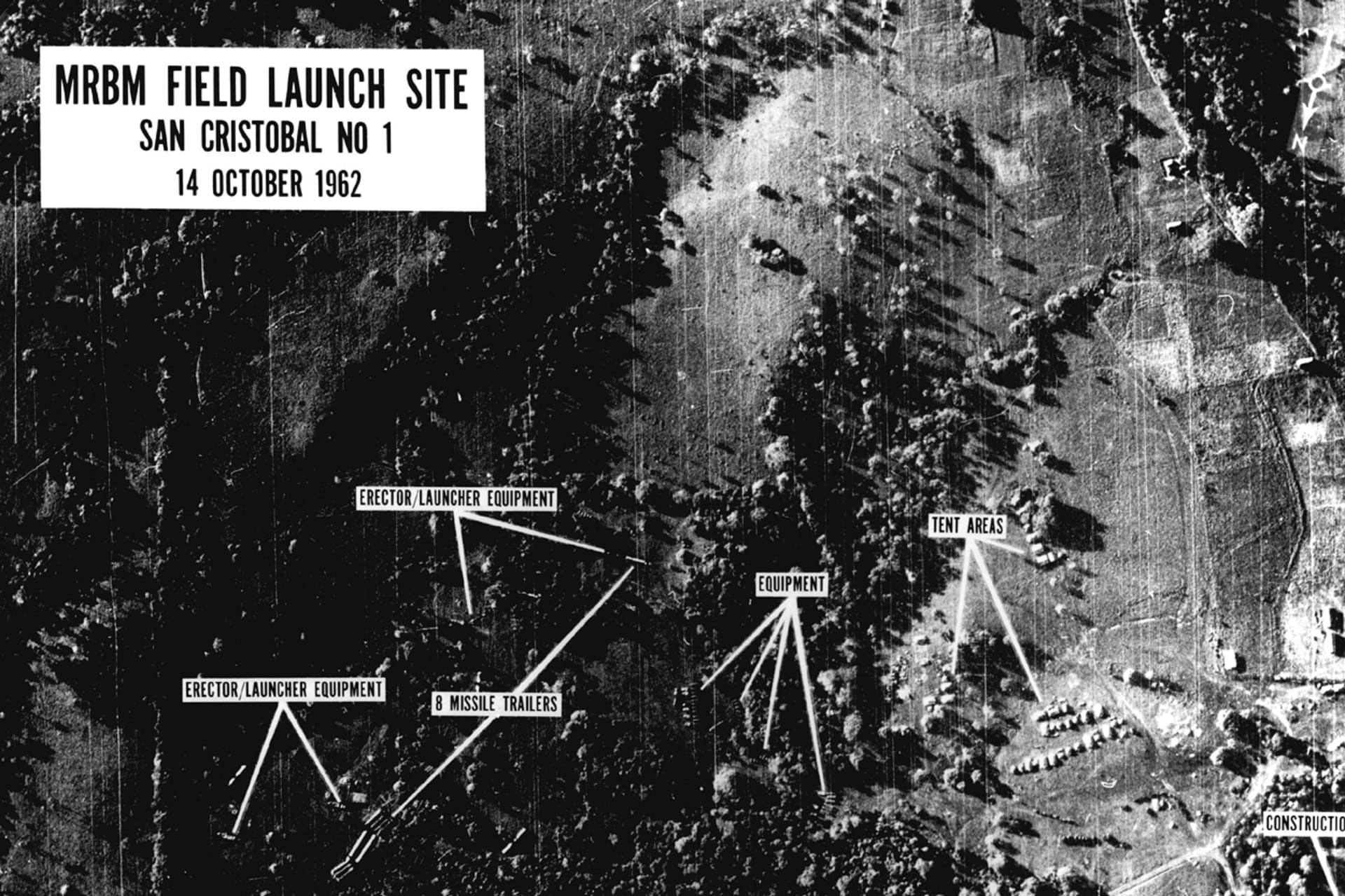 <p>A photograph captured by Major Richard S. Heyser’s U-2 reconnaissance plane showing a medium-range ballistic missile launch site in San Cristóbal, Cuba, October 14, 1962.</p>
