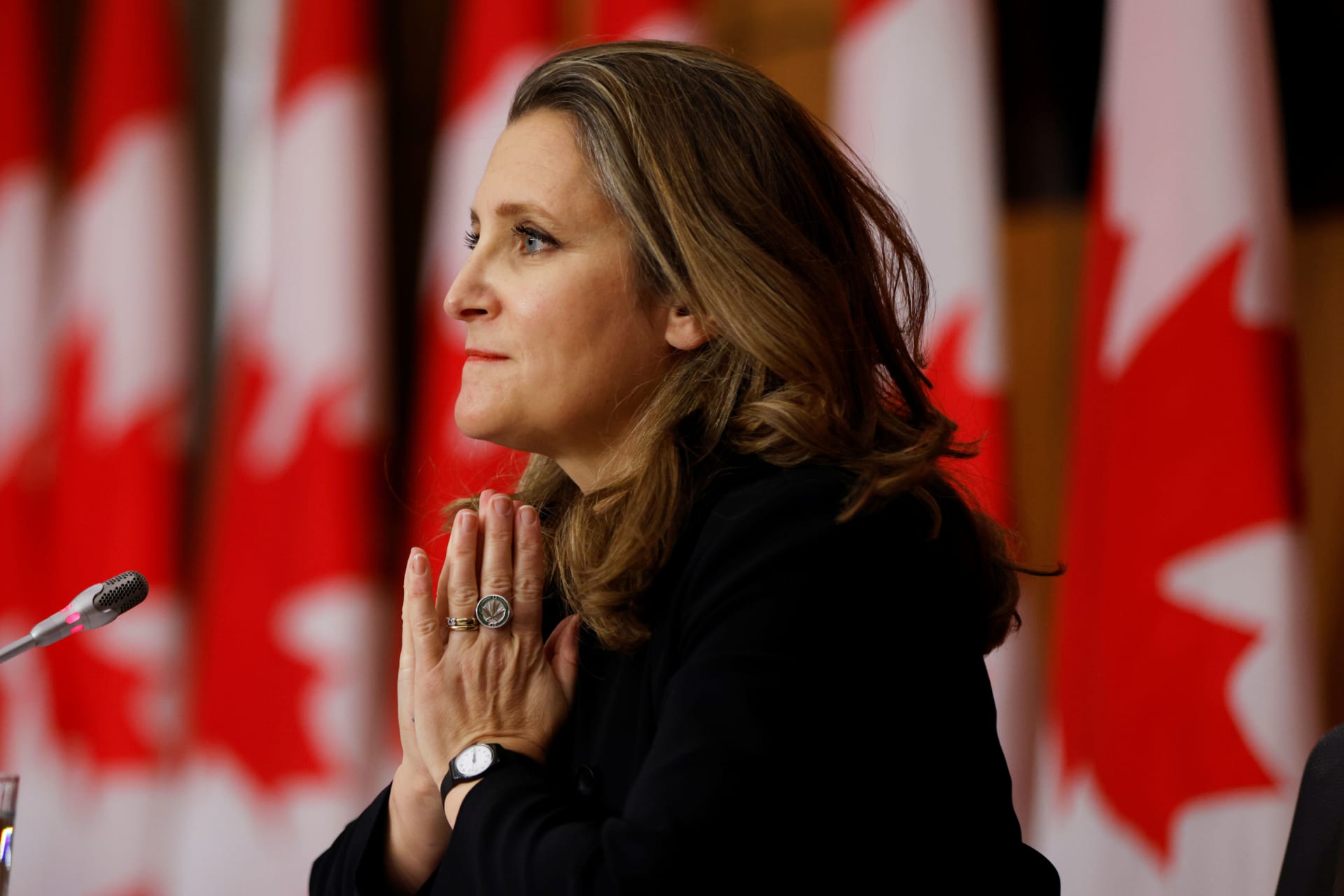 Chrystia Freeland speaks to news media in Ottawa