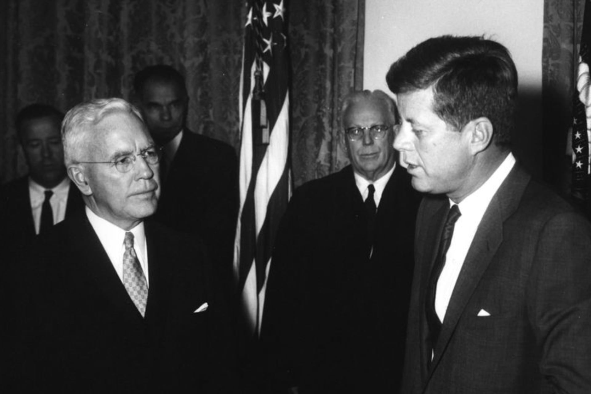 <p>President John F. Kennedy and Director of Central Intelligence John McCone at the latter’s swearing-in ceremony at the White House, November 29, 1961.</p>
