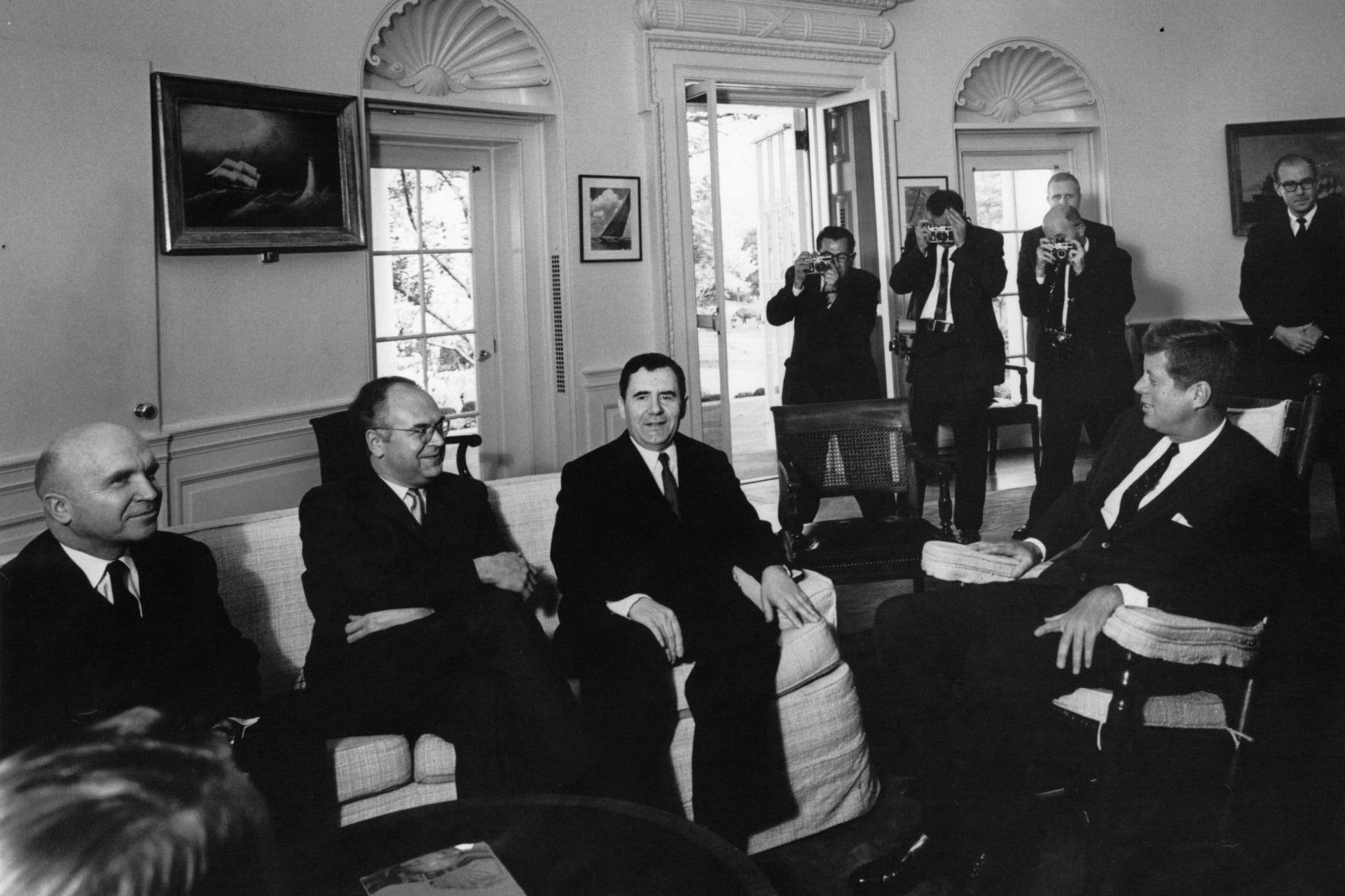 <p>President John F. Kennedy meets with Soviet Foreign Minister Andrei Gromyko in the Oval Office, October 18, 1962.</p>
