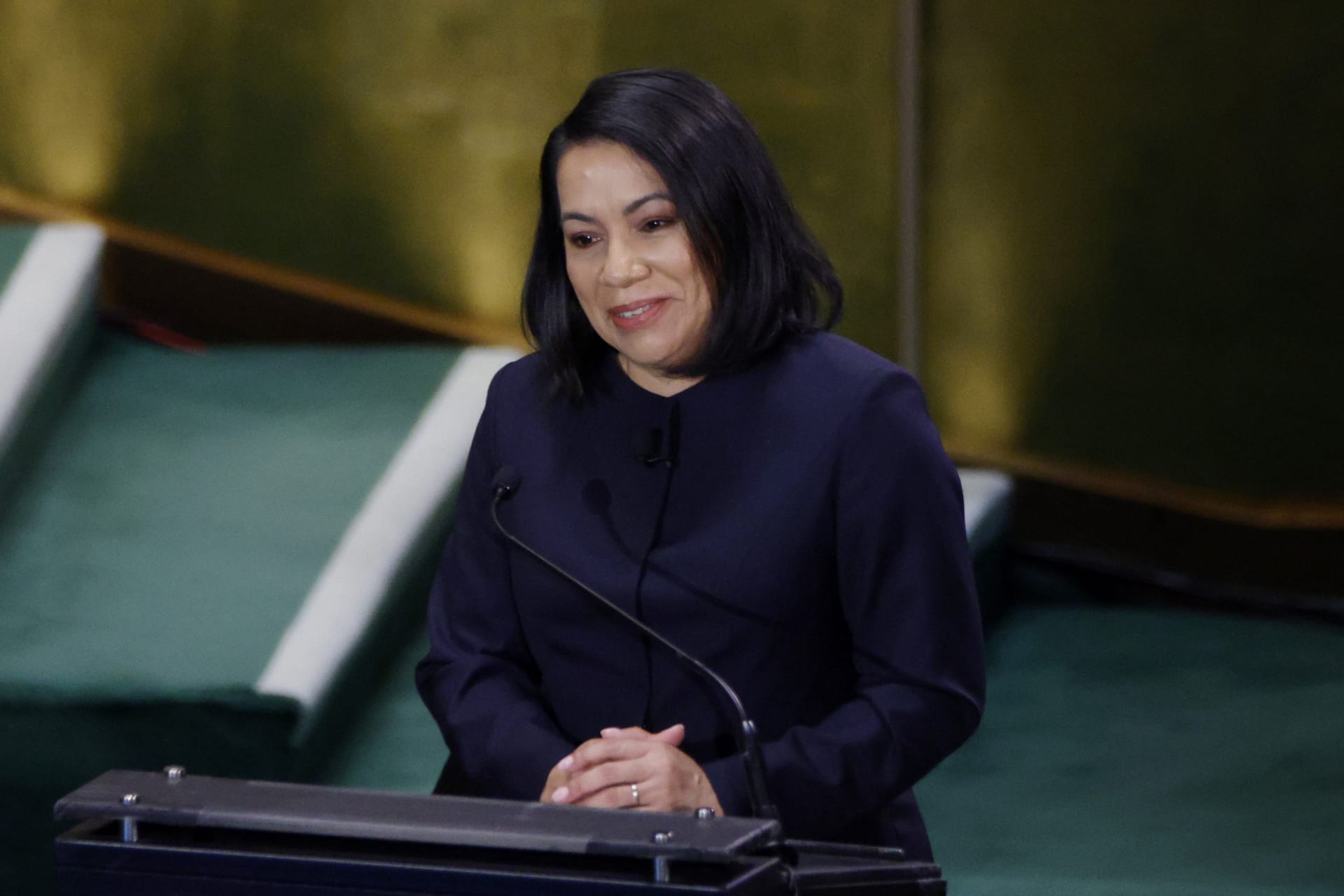 Guyana's former foreign minister and candidate for the United Nations Secretary-General position Carolyn Rodrigues Birkett speaks during a debate at the UN General Assembly Hall in New York, on July 23, 2026.