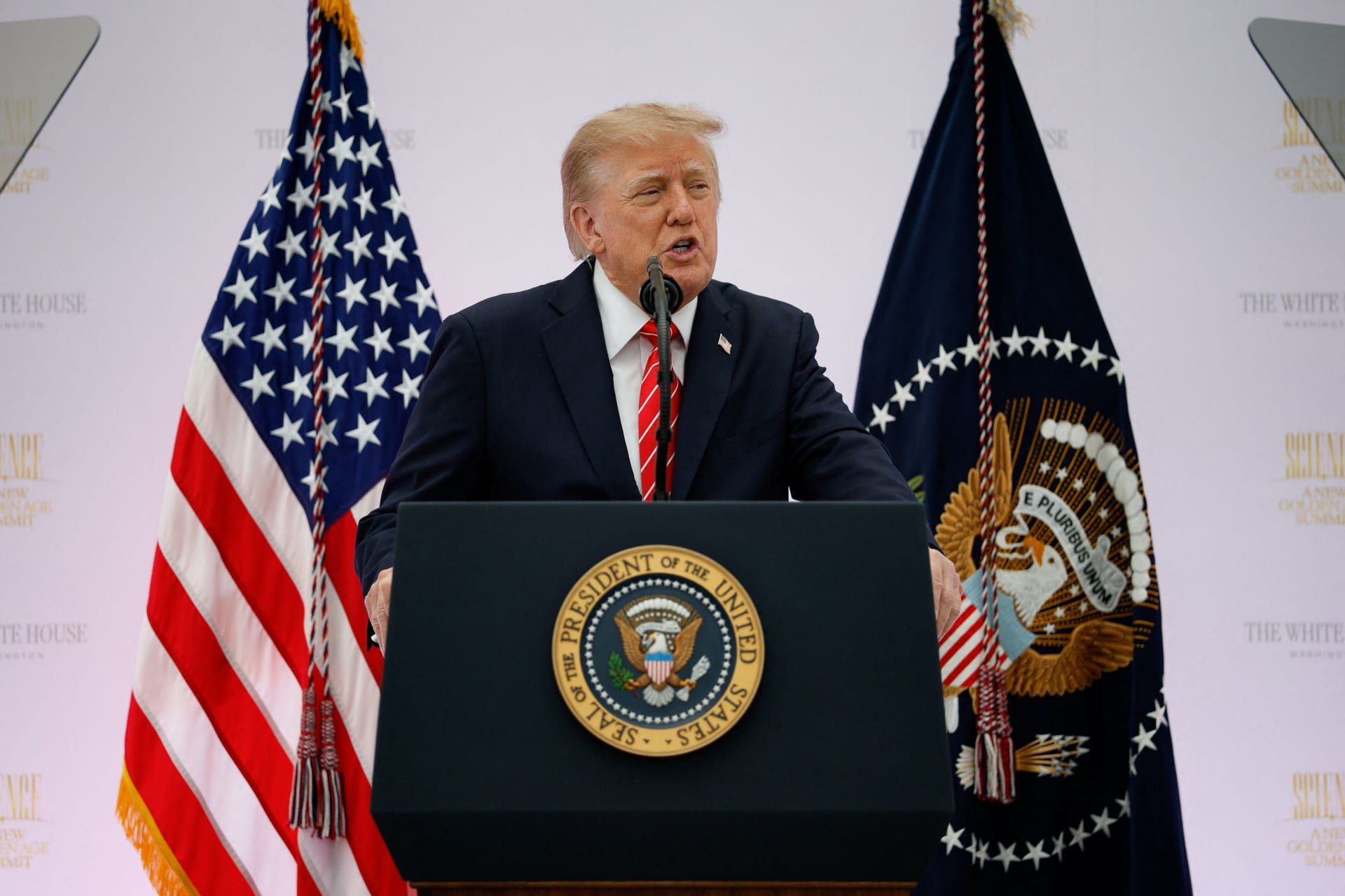 US President Donald Trump delivers remarks during the "A New Golden Age" summit at the US Institute of Peace, renamed The Donald J. Trump Institute of Peace by the Trump administration, in Washington, DC, US, October 8, 2026.