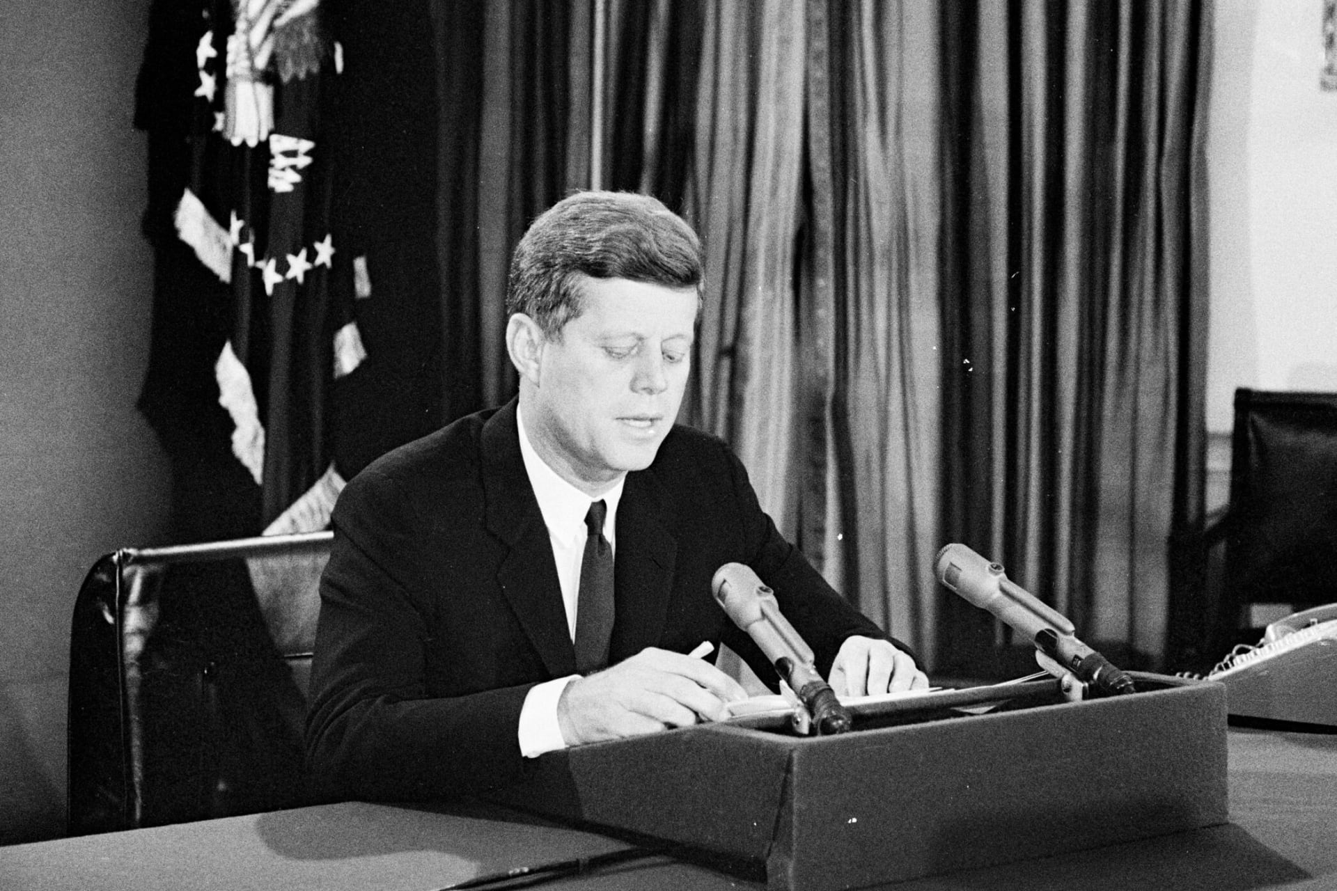<p>President John F. Kennedy addresses the nation on the Soviet Union’s deployment of nuclear-armed ballistic missiles in Cuba, October 22, 1962.</p>
