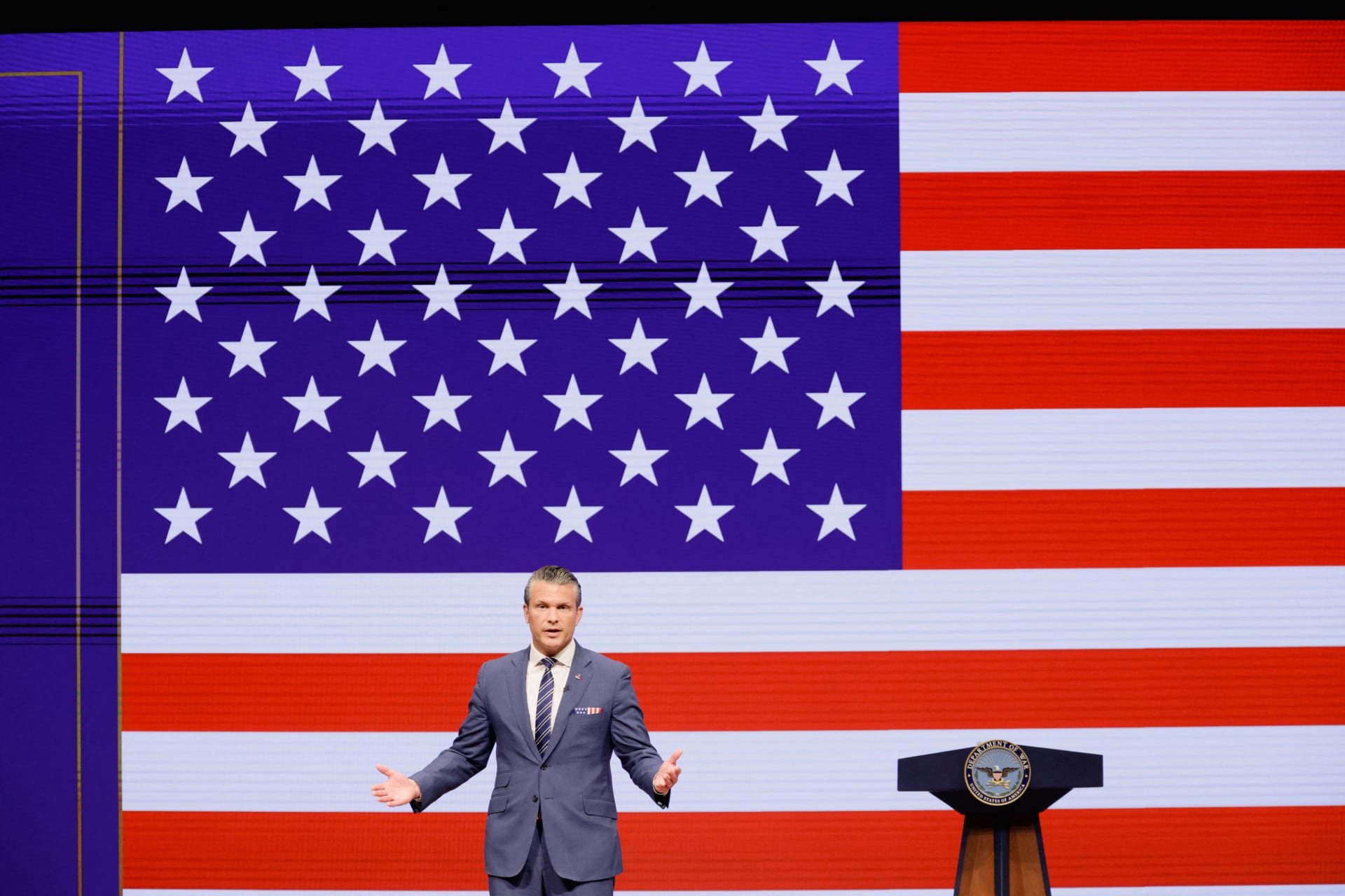 <p>US Defense Secretary Pete Hegseth delivers his 2026 “State of the Force” address to US junior officers and enlisted leaders at Marine Corps Base Quantico in Quantico, Virginia, US, September 30, 2026.</p>

