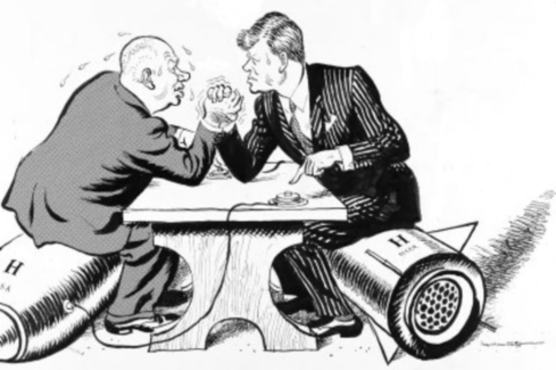<p>The political cartoon “Kennedy Arm-Wrestling Khrushchev,” by Leslie Gilbert Illingworth, originally published in the Daily Mail, October 29, 1962.</p>

