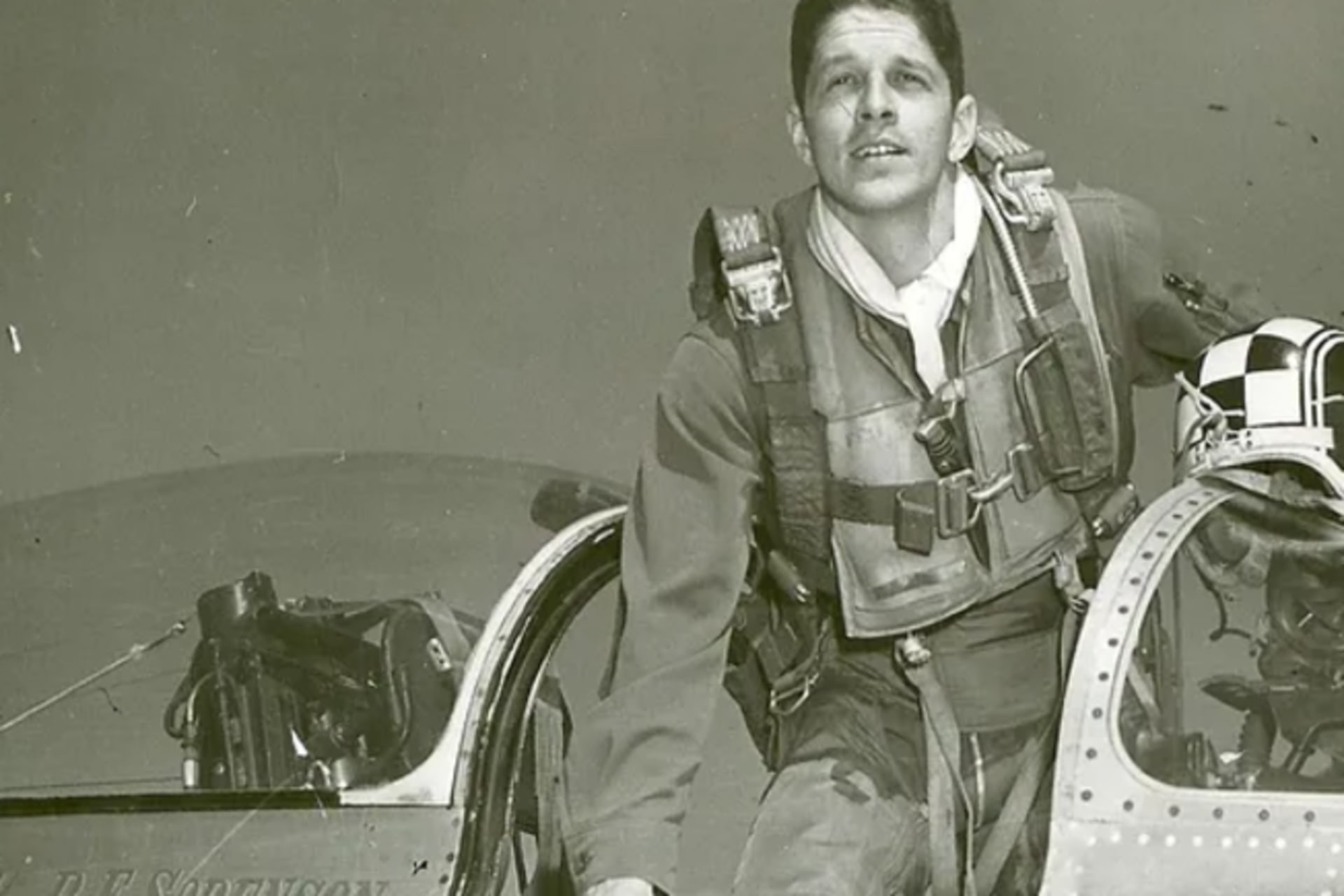 <p>Major Rudolf Anderson exits his RF-86 Sabre fighter jet during a training exercise.</p>