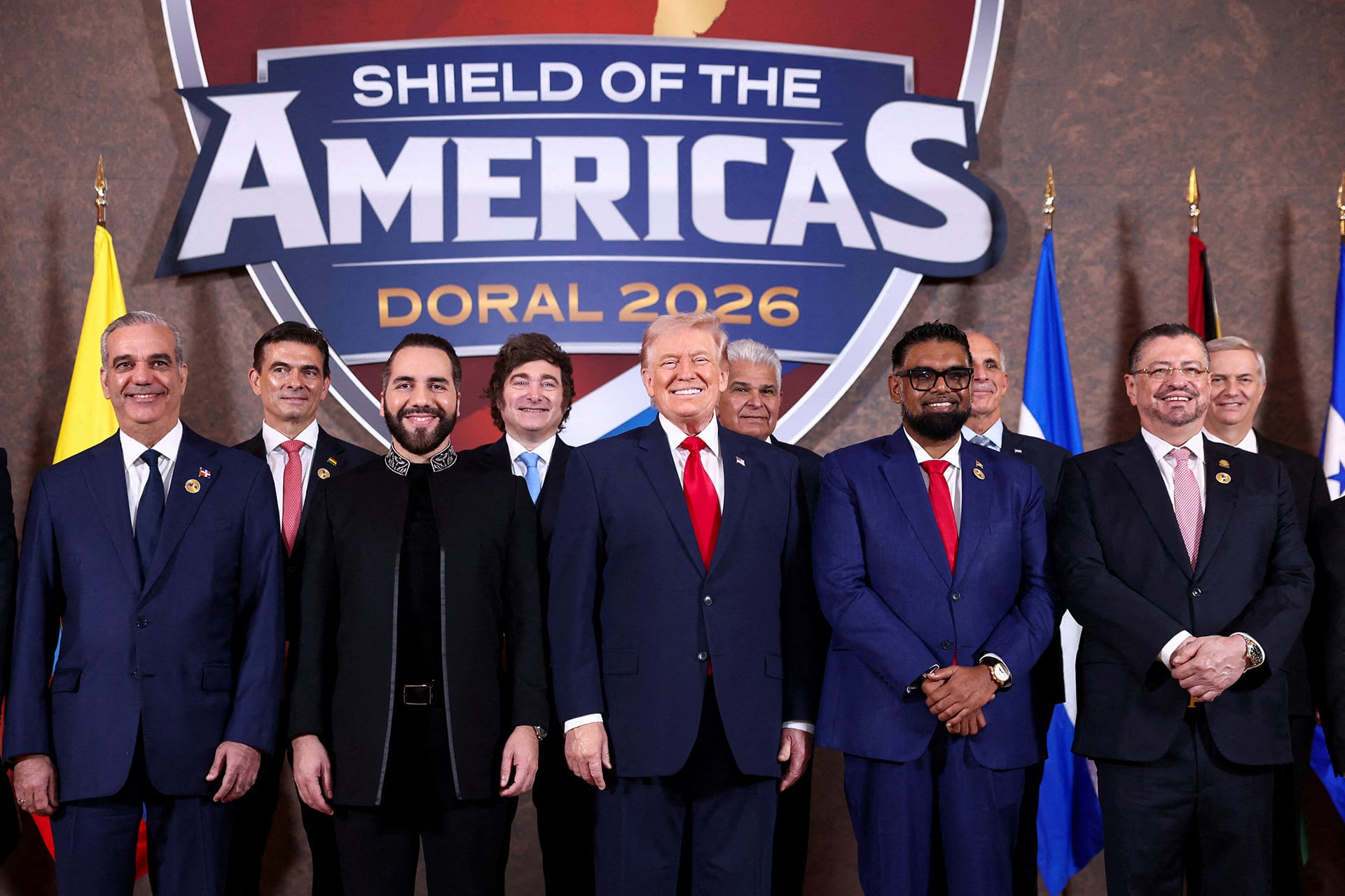 <p>U.S. President Donald Trump (center) convenes multiple Latin American leaders for the inaugural Shield of the Americas Summit in Miami, Florida, on March 7, 2026.</p>
