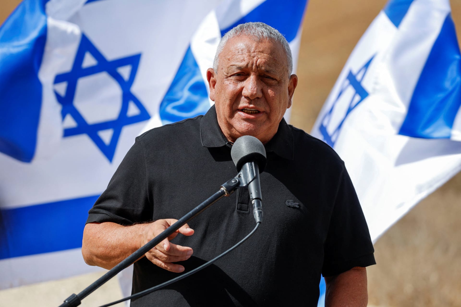 Former military chief and leader of the Yashar party, Gadi Eisenkot, delivers a statement to members of the press, near Kibbutz Mefalsim, close to Israel's border with Gaza in southern Israel, October 15, 2026.
