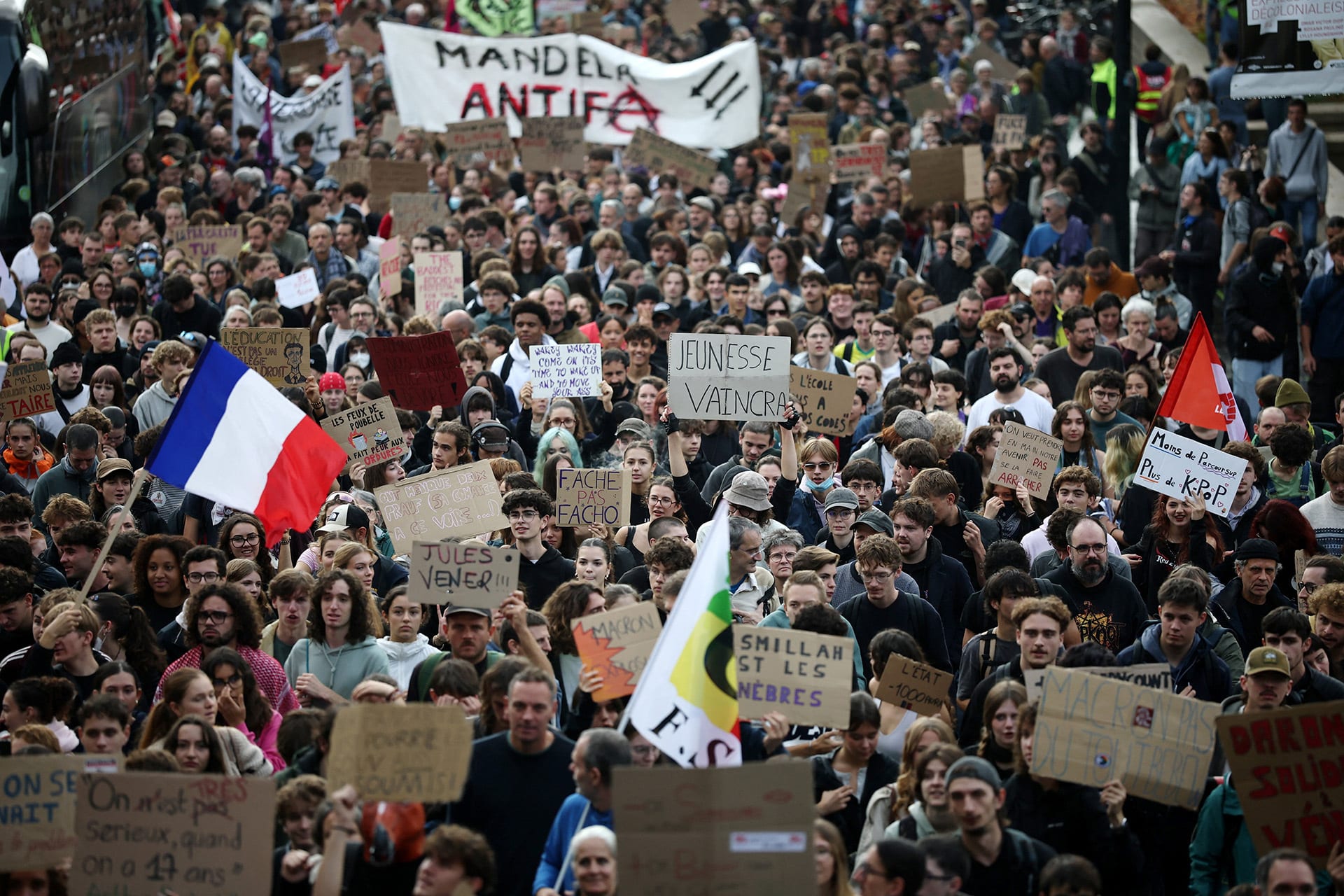 Protesters take part in a demonstration by French high school and university students in Nantes as part of a nationwide protest movement led by students, supported by teachers, school parents and labour unions, demanding better school conditions and concrete measures, France, October 13, 2026.