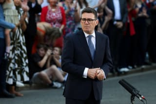 Britain's newly appointed Prime Minister Andy Burnham delivers a speech outside 10 Downing Street after taking office, in London, Britain, July 20, 2026.