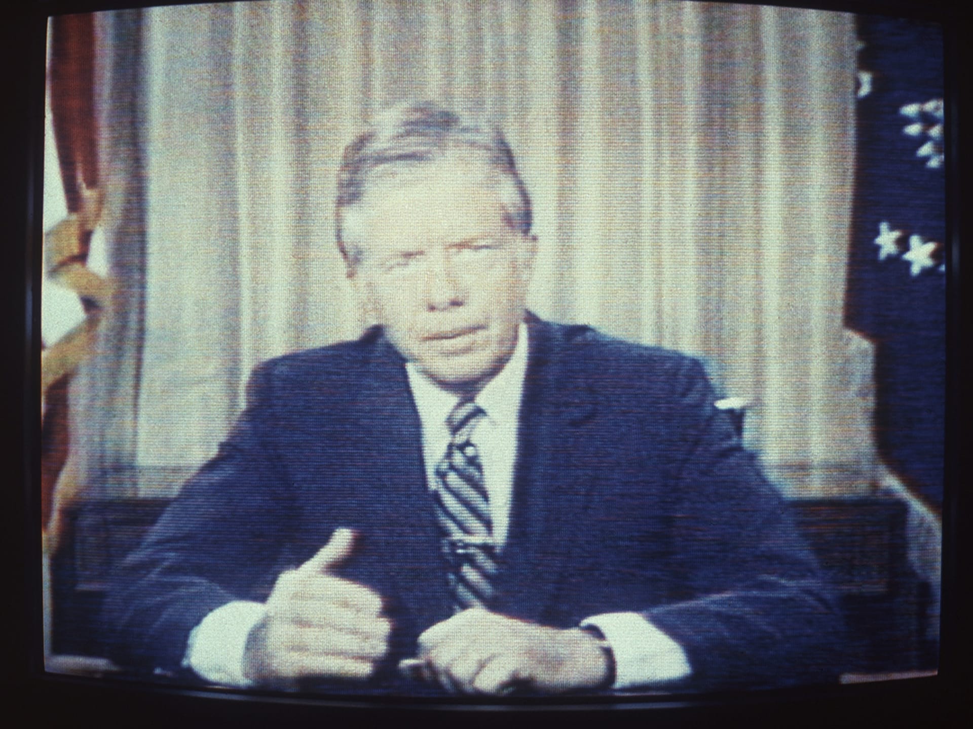 U.S. President Jimmy Carter delivering his energy speech on television, July 15, 1979. 
