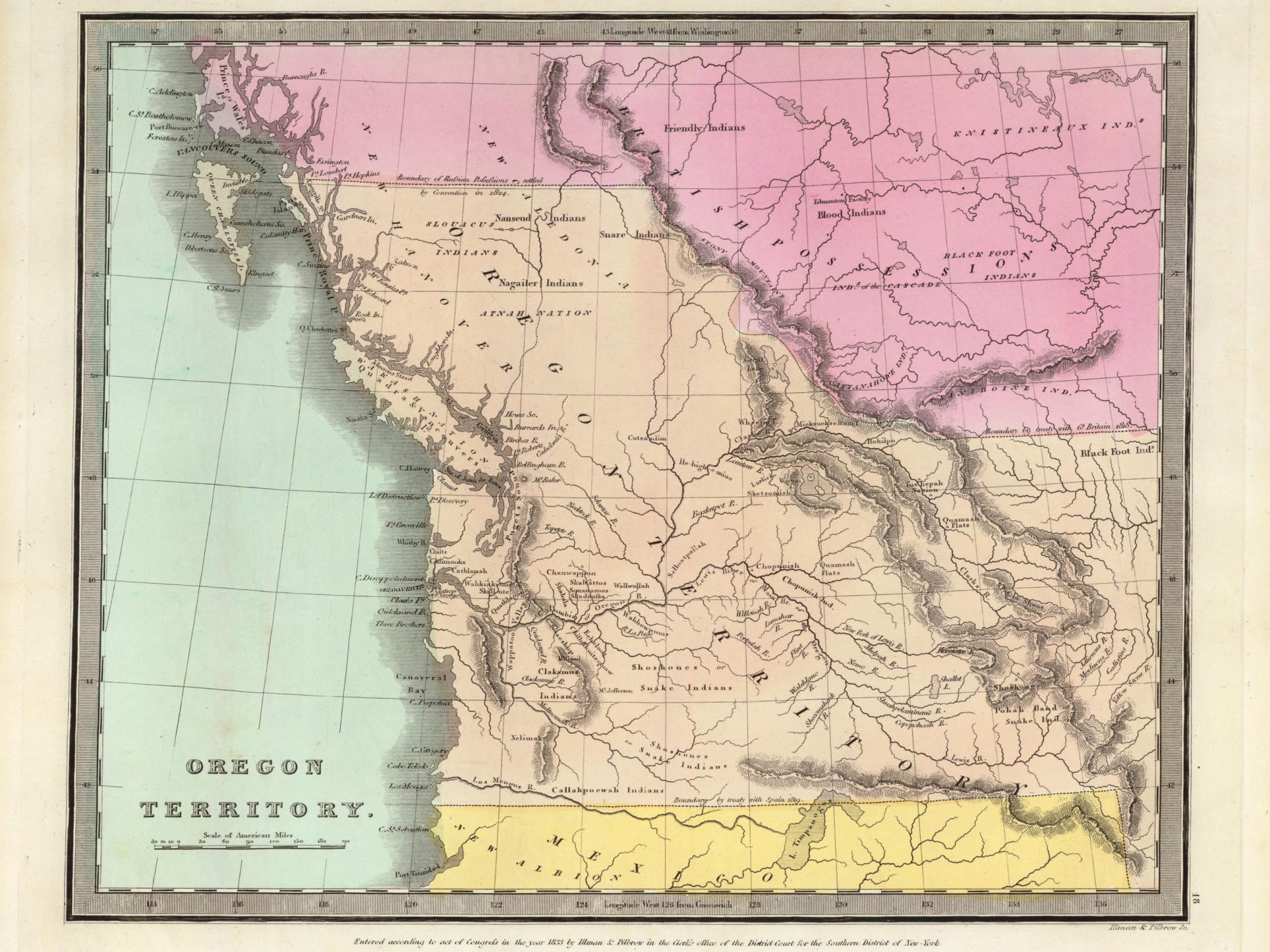 A color map of the Oregon Territory as of 1835. The Oregon Territory is colored beige. The background is a darkened and blurred version of the original image created to fill the image's vertical crop.