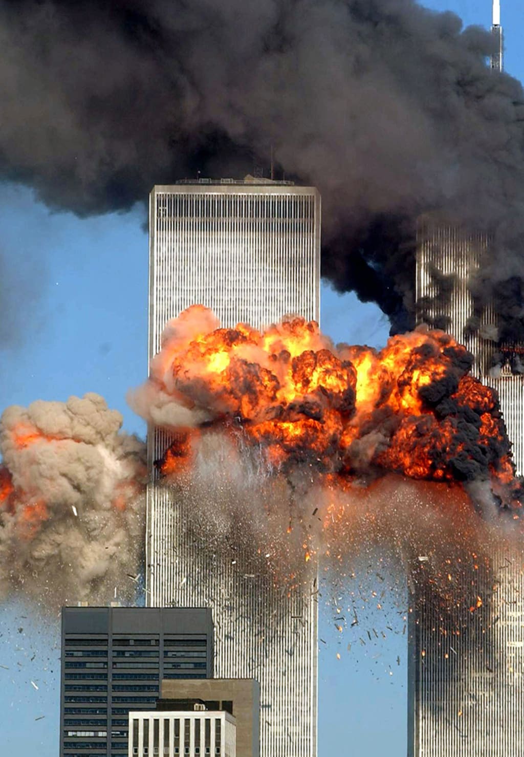 Hijacked United Airlines Flight 175 crashes into the World Trade Center’s south tower on September 11, 2001, in New York City. 
