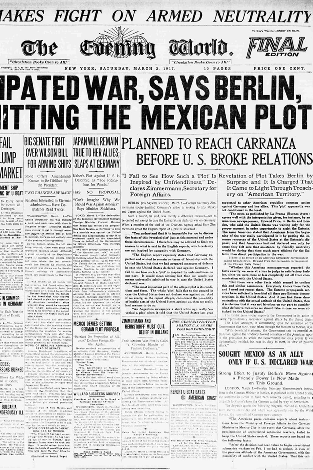 On March 3, 1917, the front page of the Evening World newspaper reveals Germany’s plan to conspire with Mexico against the United States during World War I. The New York Public Library, Astor, Lenox, and Tilden Foundation