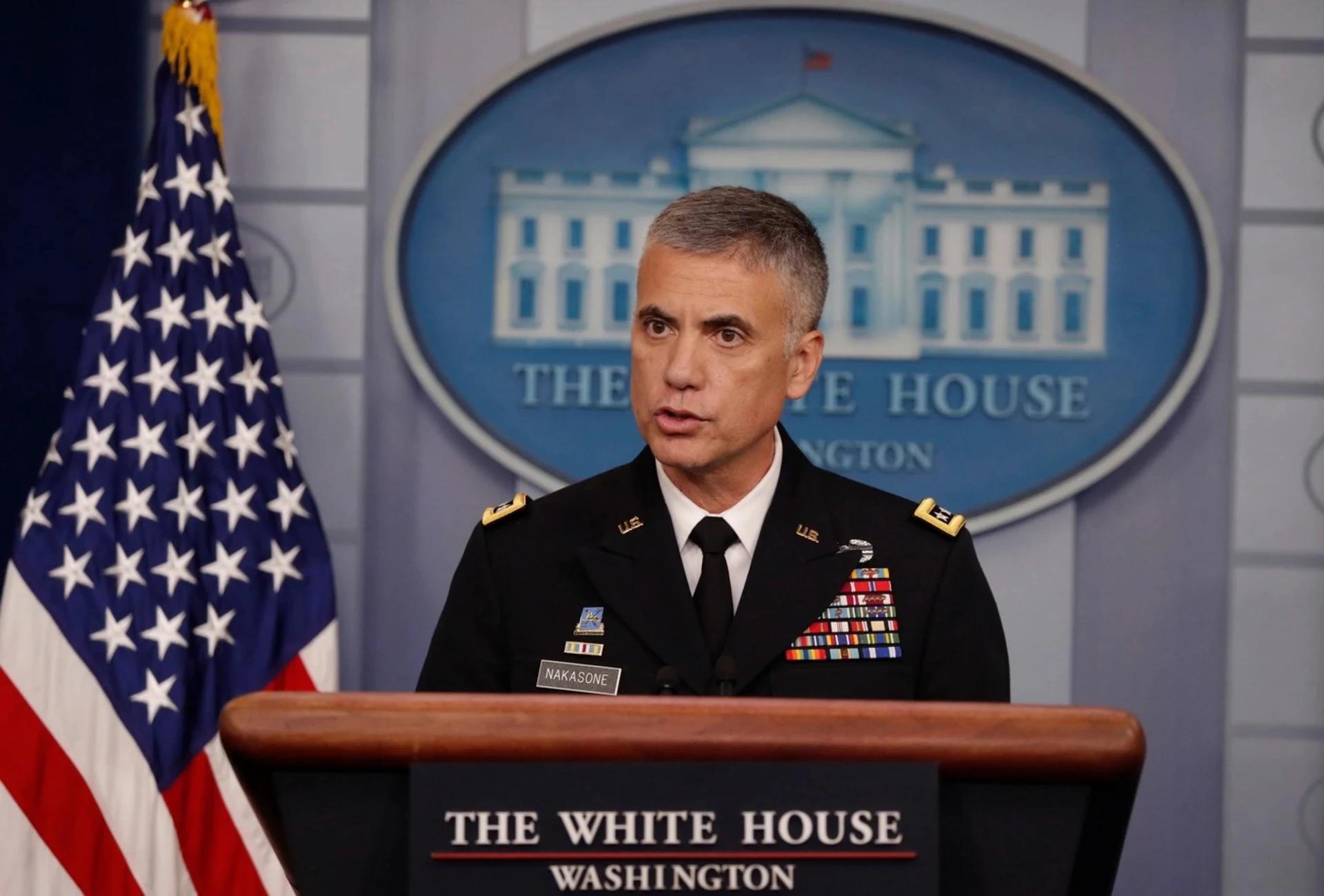 National Security Agency Director General Paul Nakasone addresses a briefing on election security. 