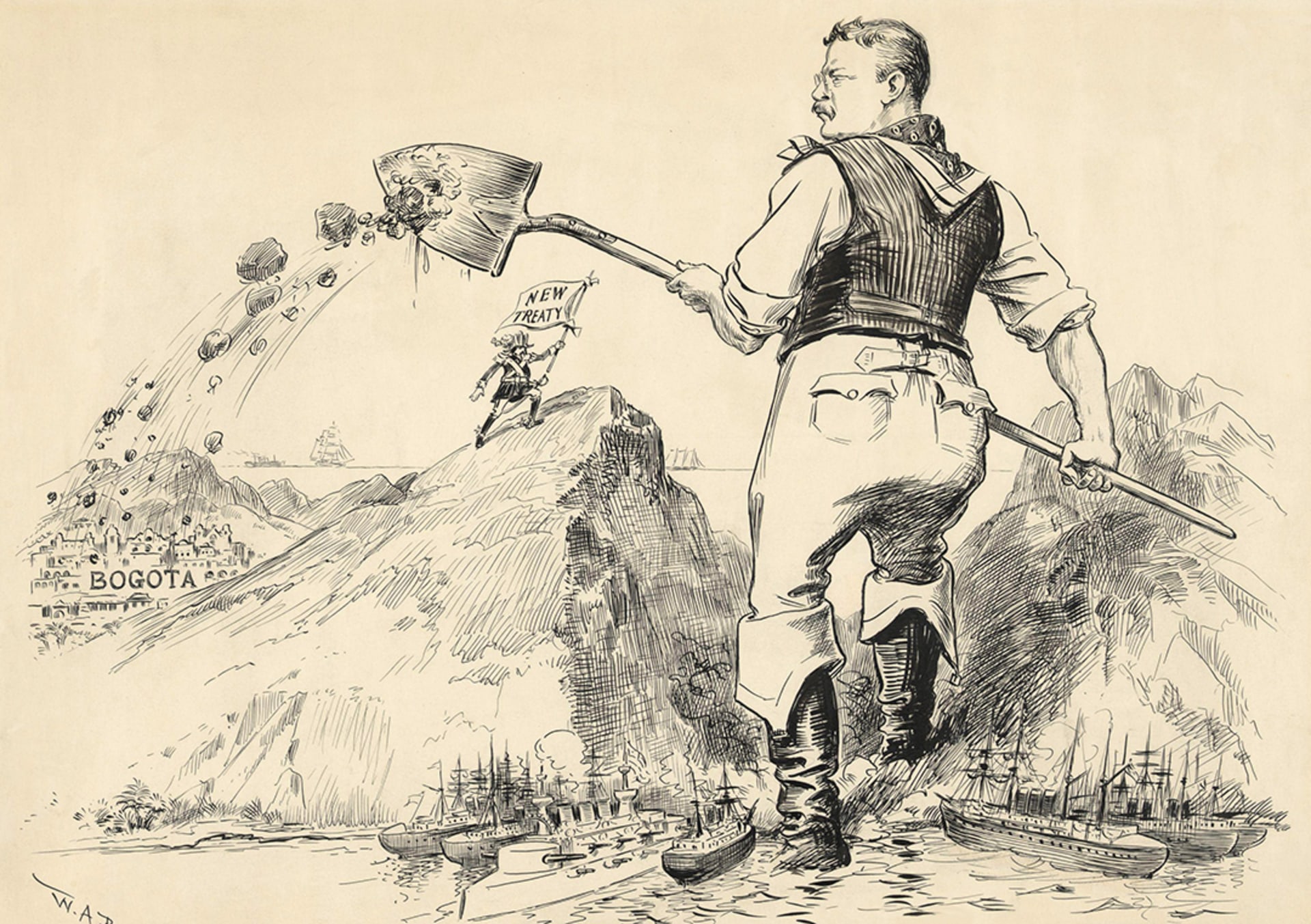 A 1903 cartoon depicts the United States’ construction of the Panama Canal, led by President Theodore Roosevelt. Everett Collection Historical/Alamy Stock Photo