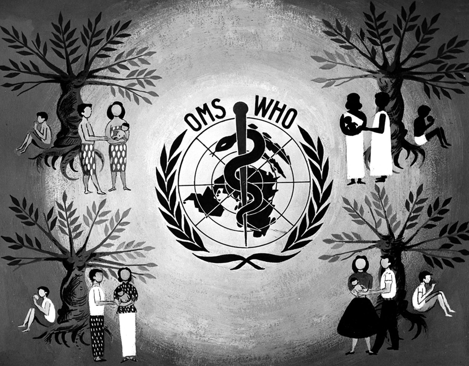 The official logo for the WHO features the UN symbol surmounted by the Rod of Asclepius, the traditional Greek symbol for medicine and healing. Universal History Archive/Universal Images Group/Getty Images
