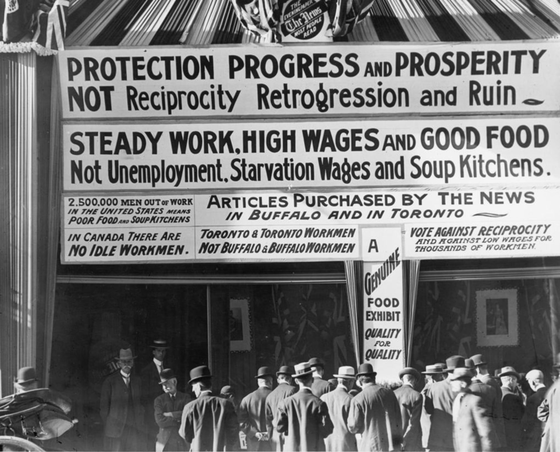 Anti-reciprocity signs hang from the building of The News, an evening newspaper in Toronto, Ontario. City of Toronto Archives