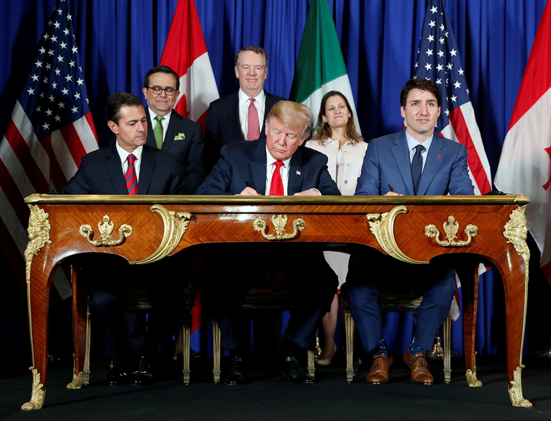The leaders of Mexico, the United States, and Canada attend the USMCA signing ceremony in Buenos Aires, Argentina, ahead of the 2018 G20 Leaders’ Summit. Kevin Lamarque/Reuters