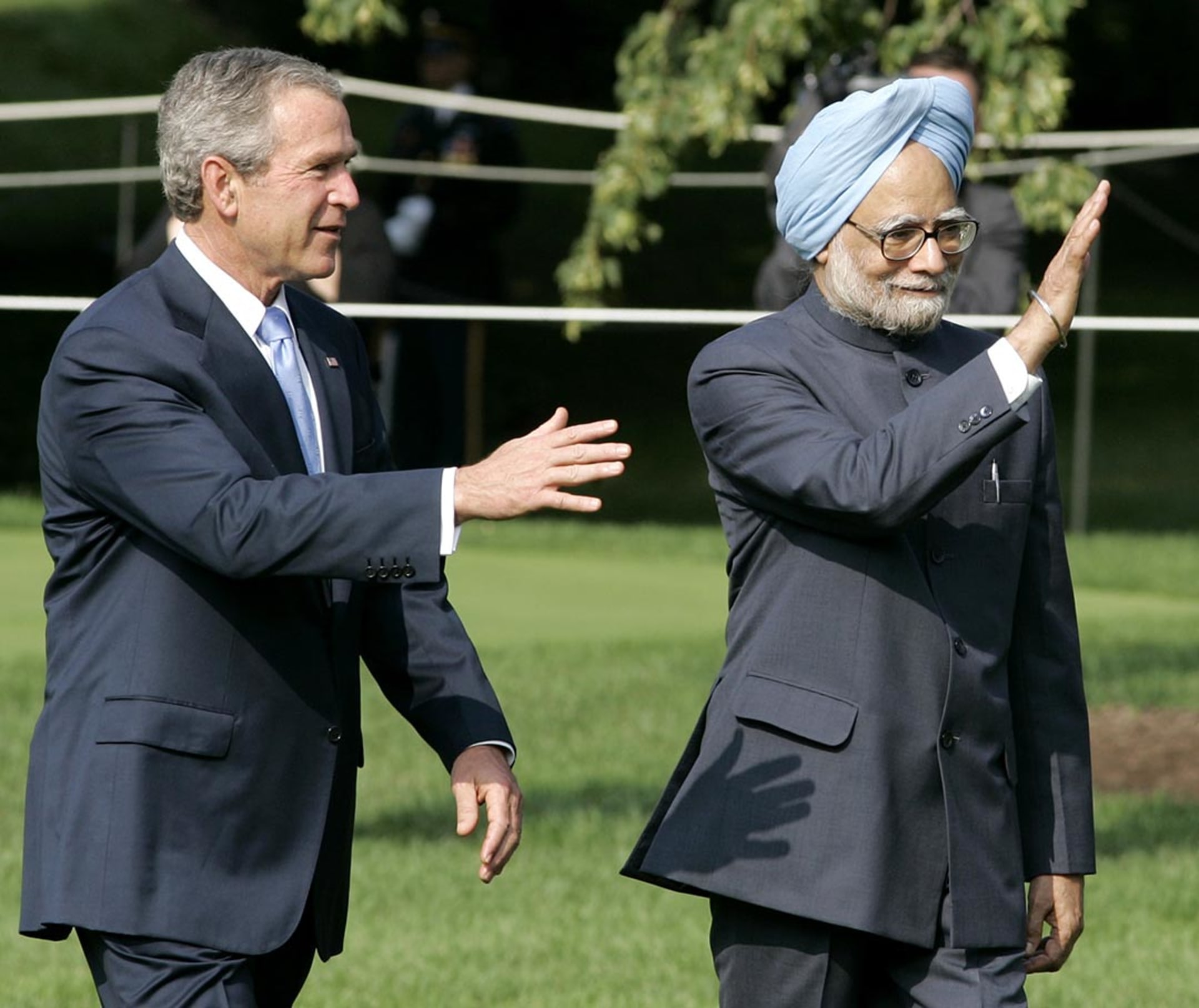 President George W. Bush and Indian Prime Minister Manmohan Singh at a White House press conference. Larry Downing/Reuters