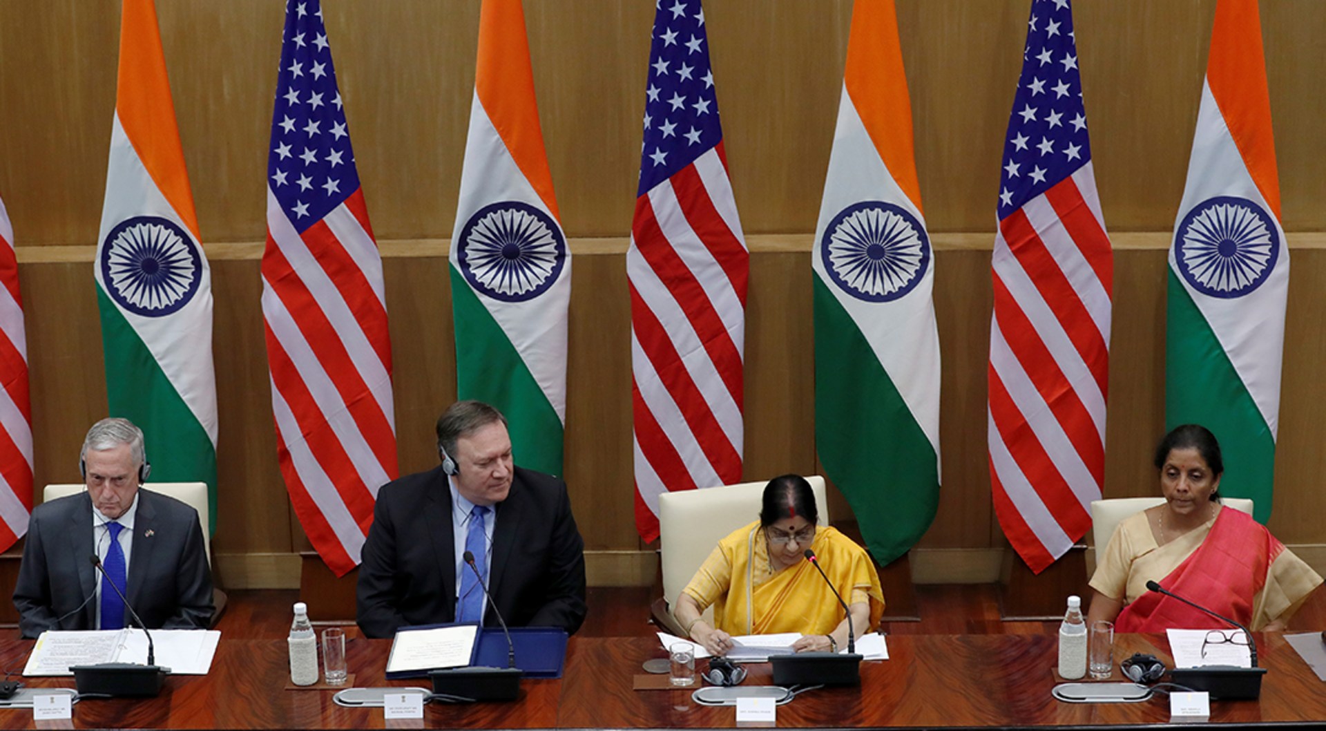 U.S. Secretary of State Mike Pompeo, U.S. Secretary of Defense James Mattis, India’s Foreign Minister Sushma Swaraj and India’s Defense Minister Nirmala Sitharaman attend a news conference in New Delhi. Adnan Abidi/Reuters