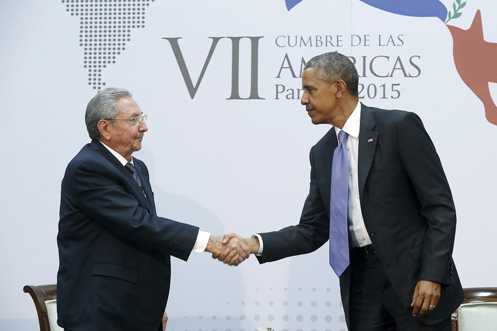 U.S. President Barack Obama and Cuban President Raul Castro at the Summit of the Americas.