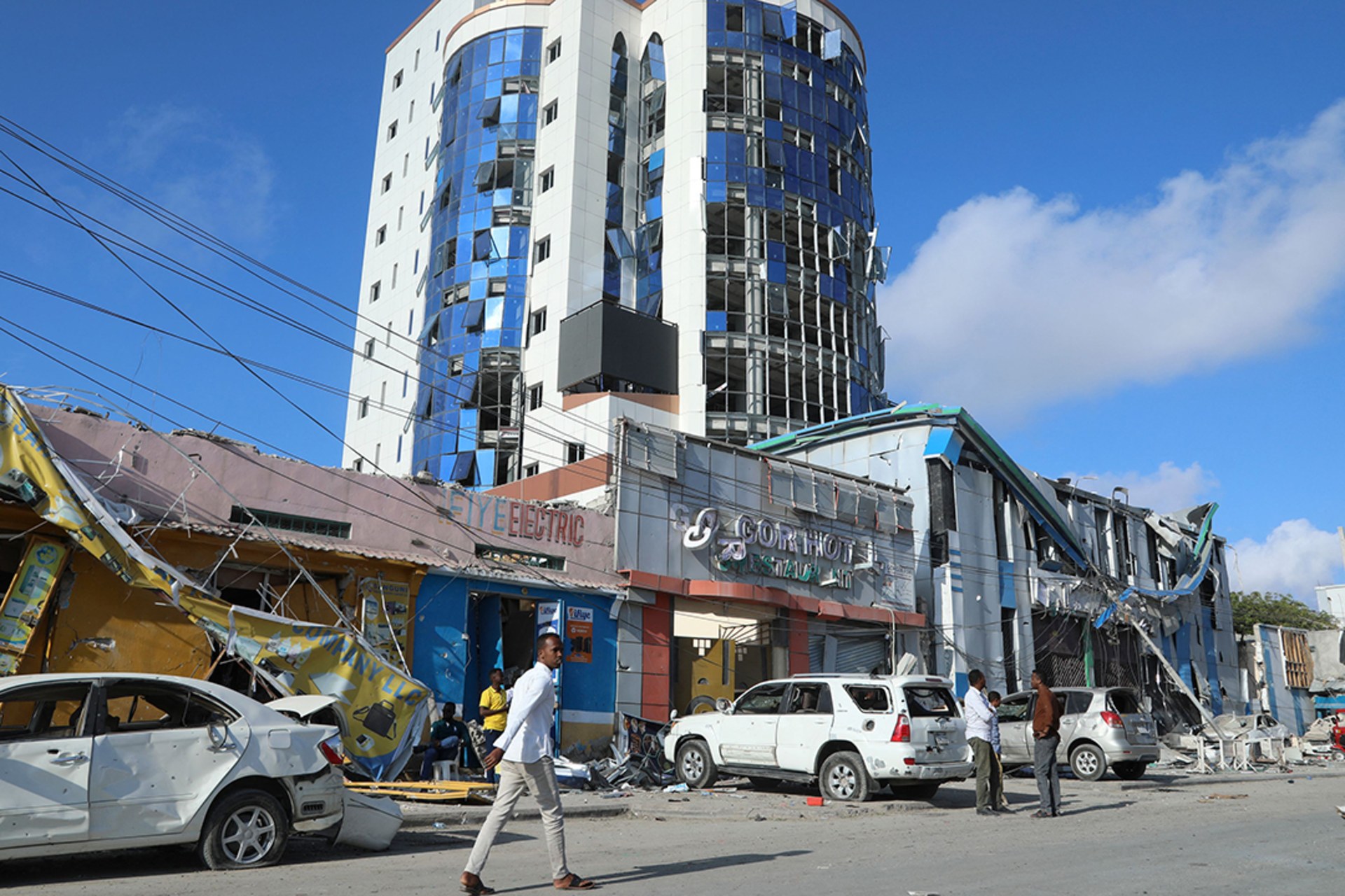 Damage outside the education ministry is seen after car bombings targeted the building on October 29, 2022.