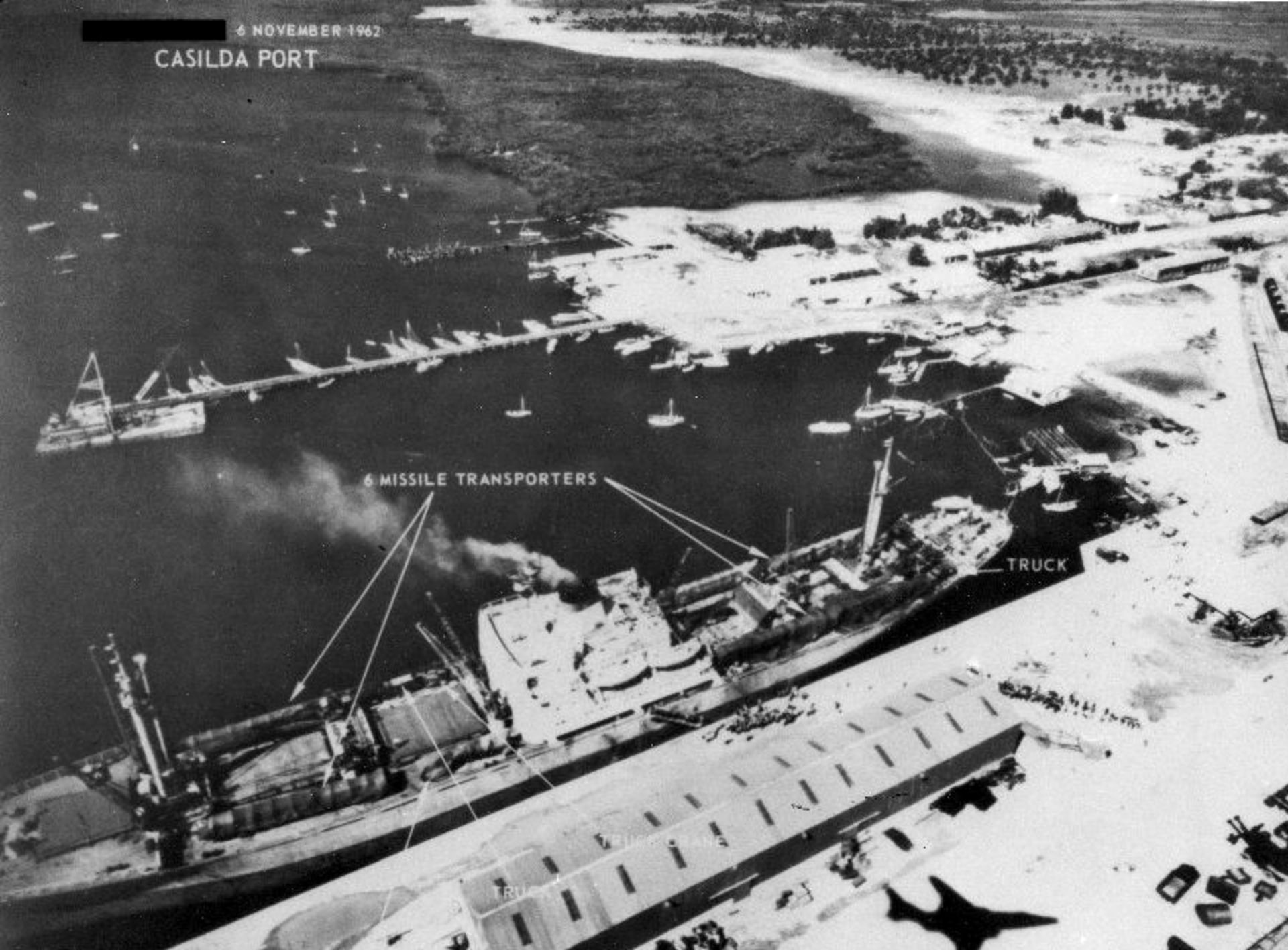 A Russian ship loaded with missiles in Port Casilda, Cuba, on November 6, 1962. 
