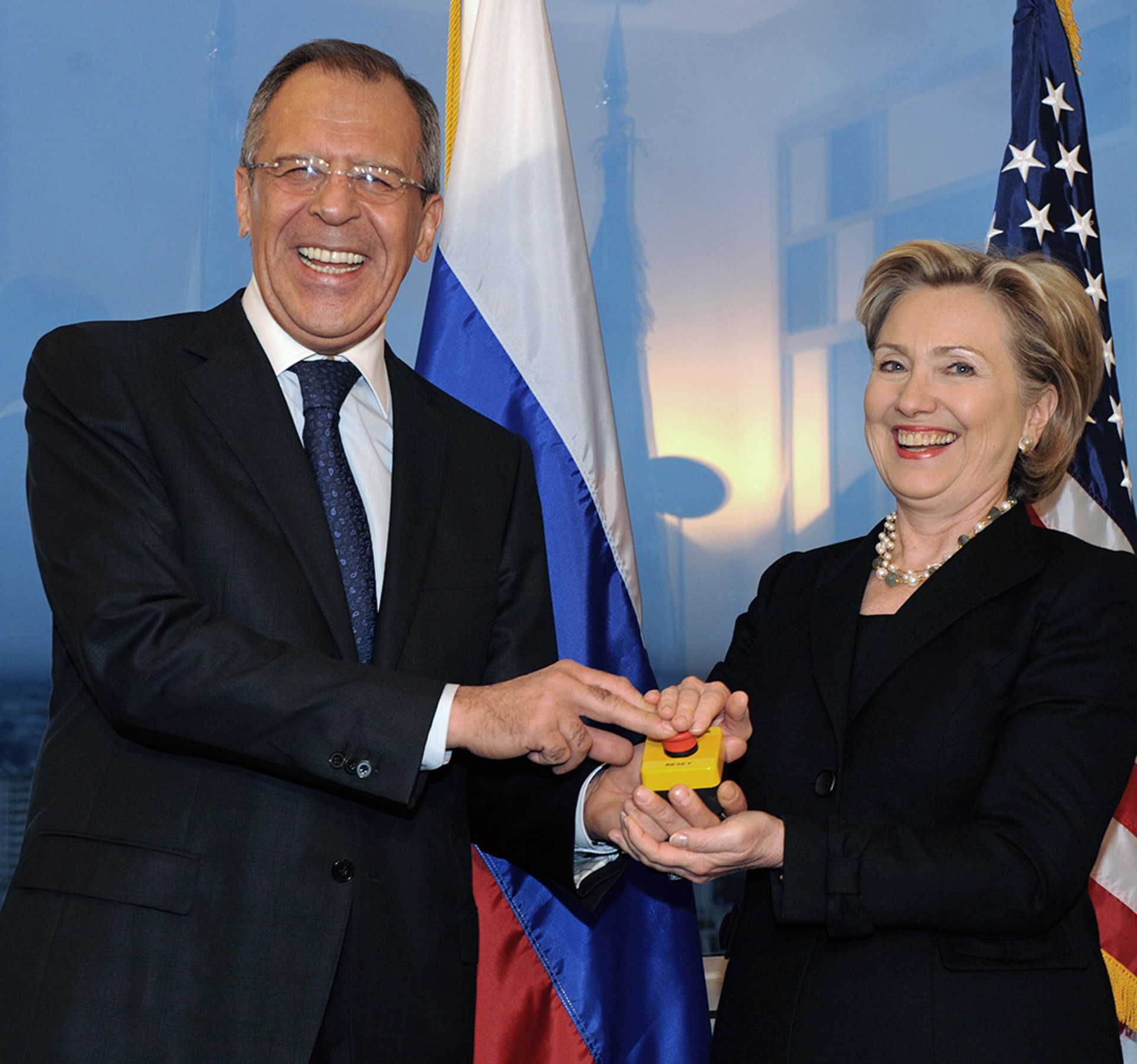 Russian Foreign Minister Sergey Lavrov and U.S. Secretary of State Hillary Clinton in Geneva, pressing the “reset button” in relations between the countries. 
