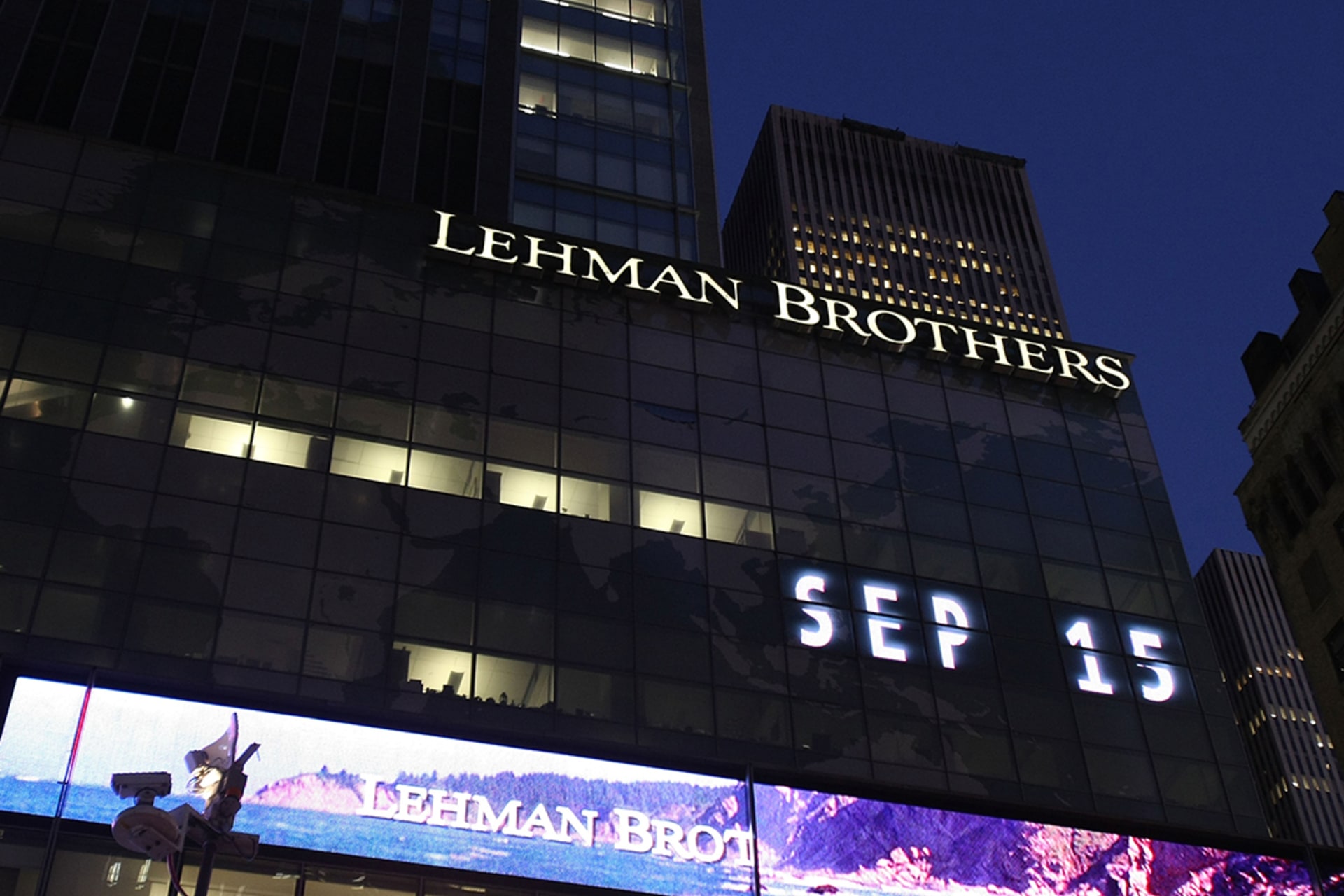 Lehman Brothers headquarters in Manhattan, on September 15, 2008, the day of its collapse.