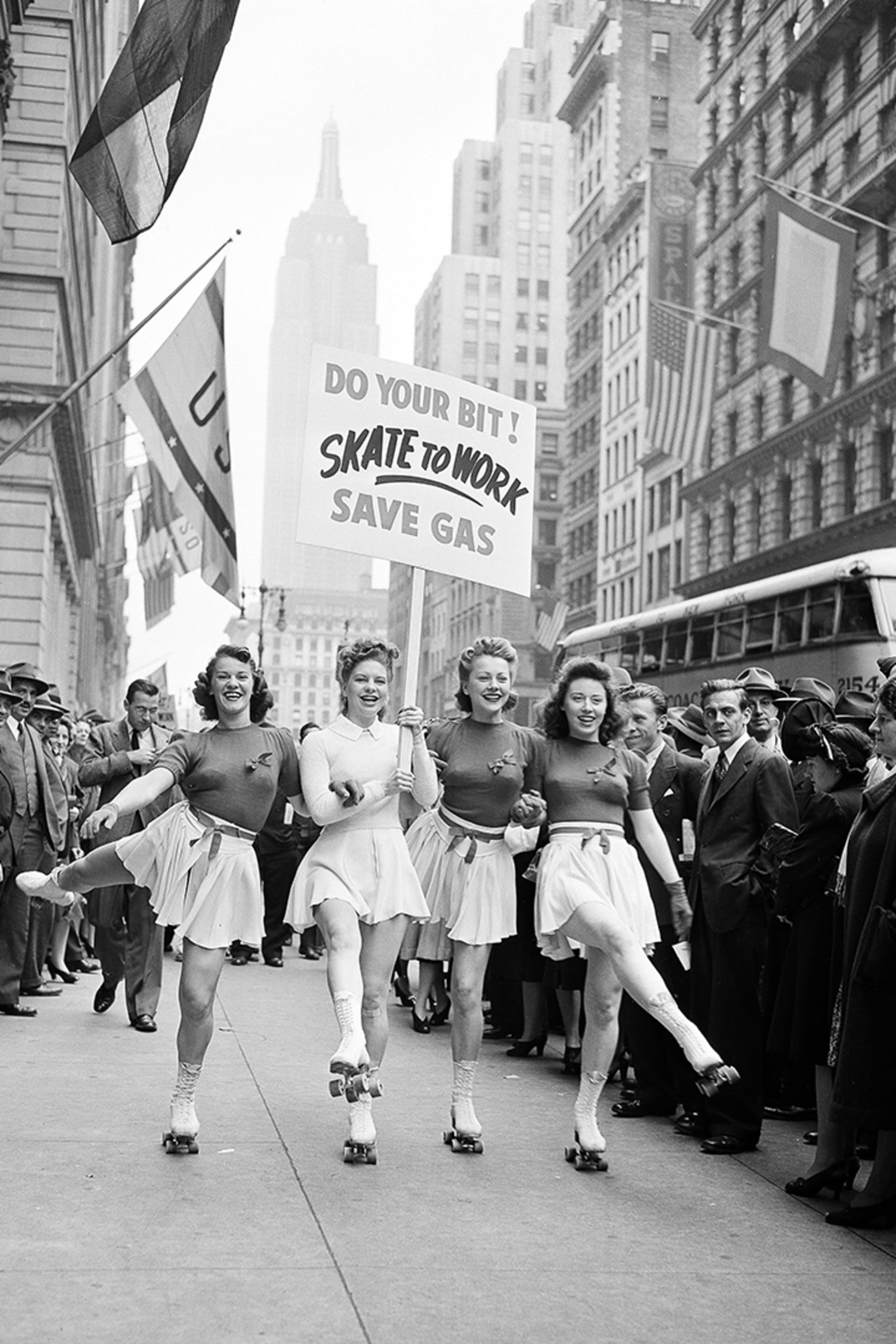 Four “Roller Vanities” of the Broadway campaign to save gas on New York’s Fifth Avenue, June 2, 1942. 
