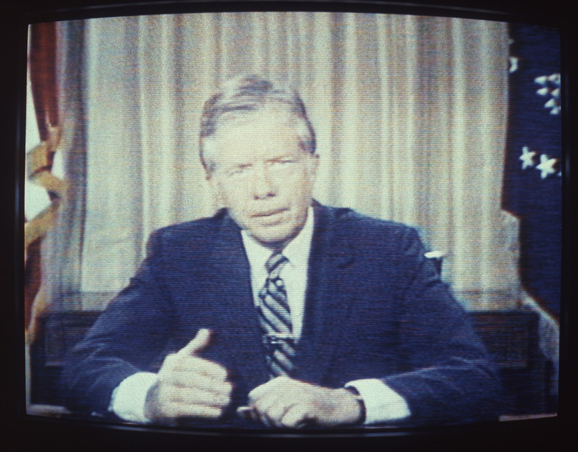 U.S. President Jimmy Carter delivering his energy speech on television, July 15, 1979. 
