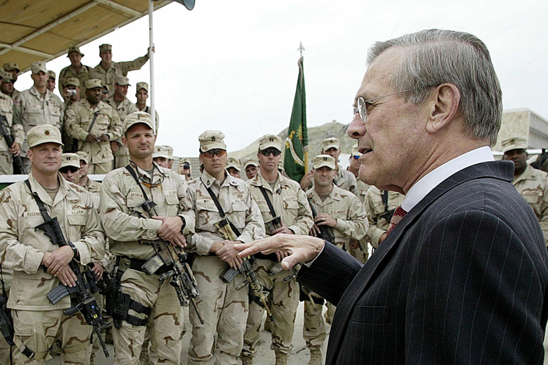 Rumsfeld speaks at the U.S. base in Kabul, Afghanistan, May 2003.