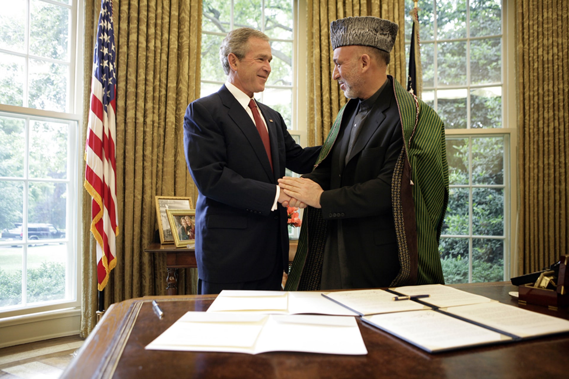 President Bush and President Karzai at the White House, 2005.