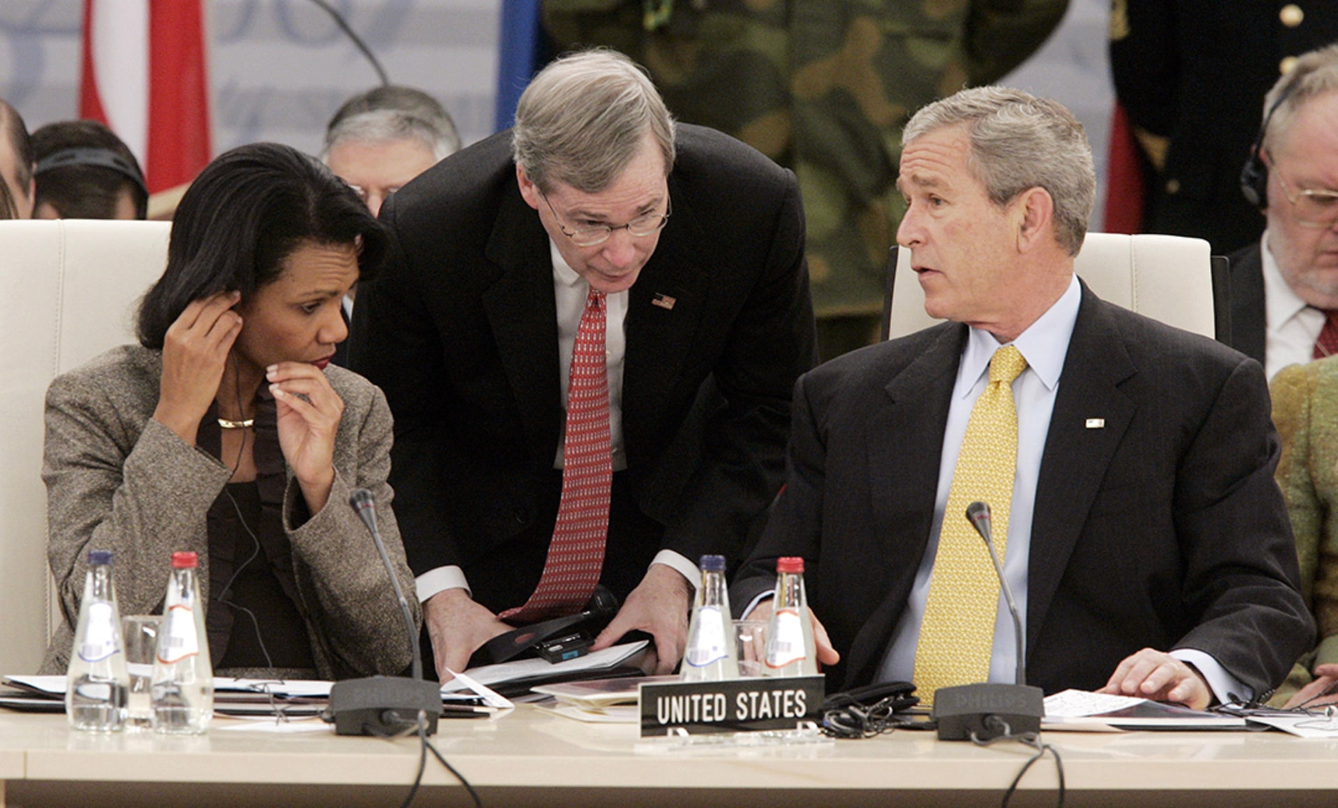 U.S. Secretary of State Condoleezza Rice, U.S. National Security Adviser Stephen Hadley, and President George W. Bush at the NATO summit.