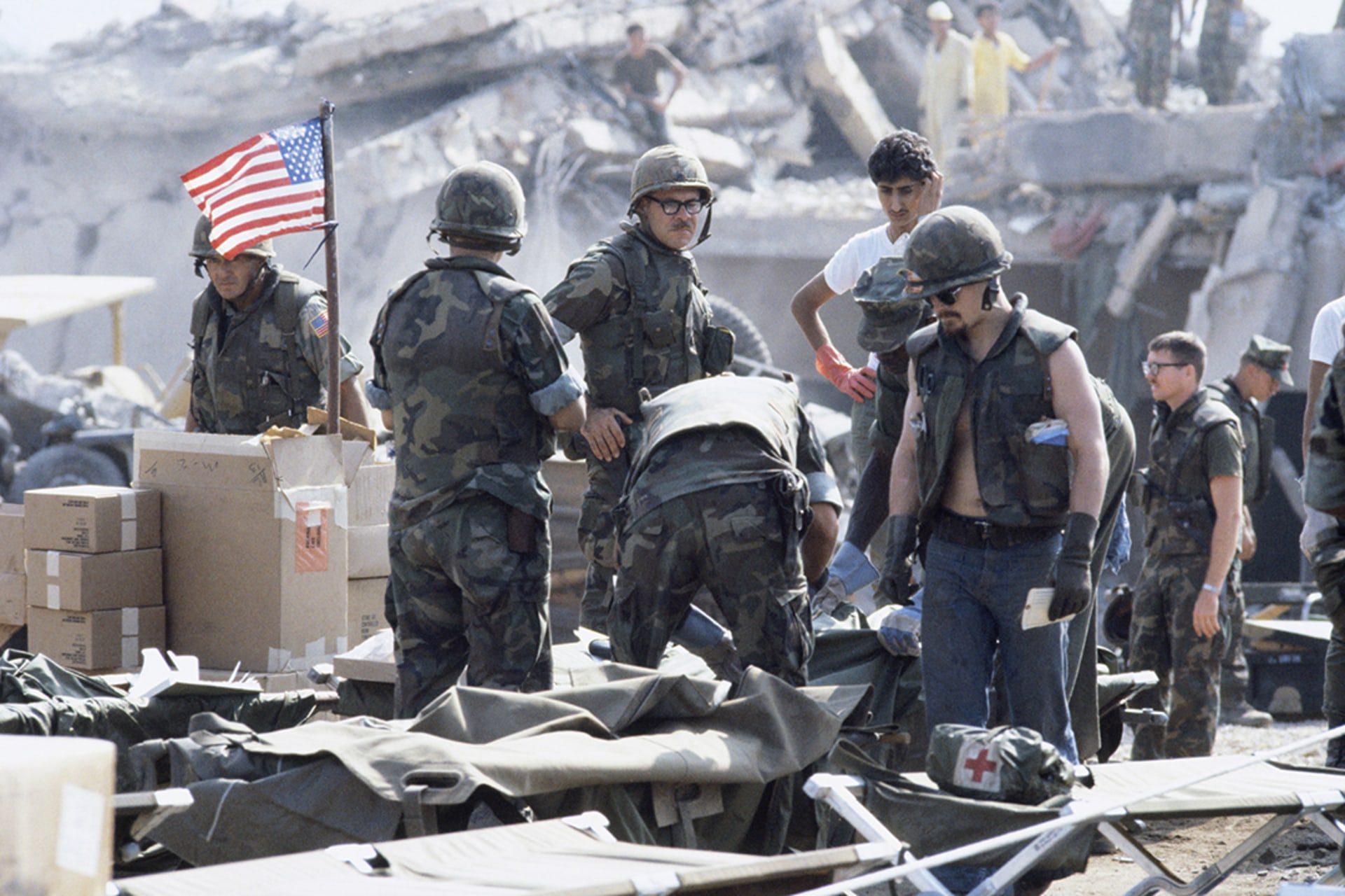 U.S. marines search for survivors in the rubble of their Beirut barracks after an attack by the militant group Hezbollah.