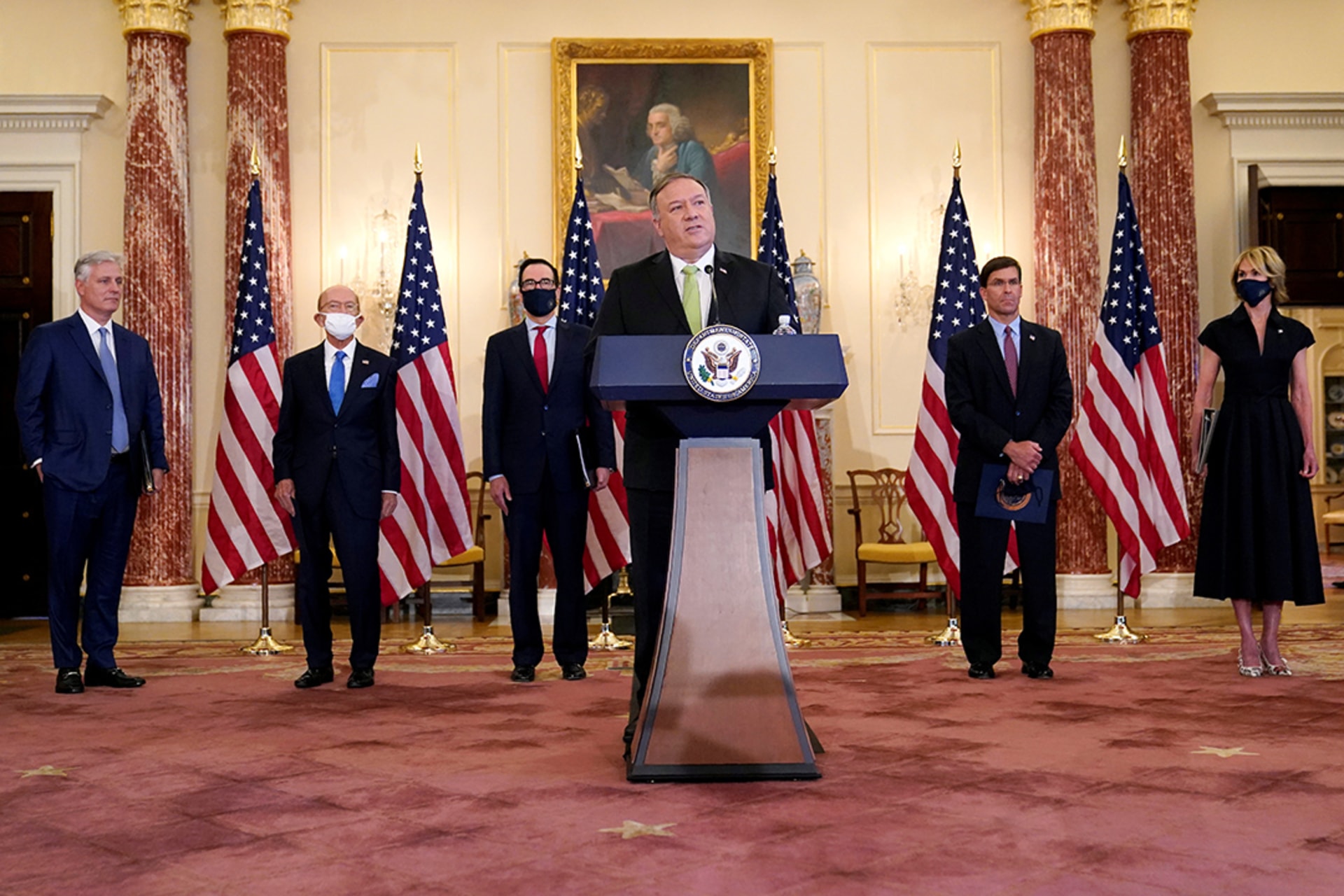 U.S. Secretary of State Mike Pompeo announces the Trump administration’s restoration of sanctions on Iran.