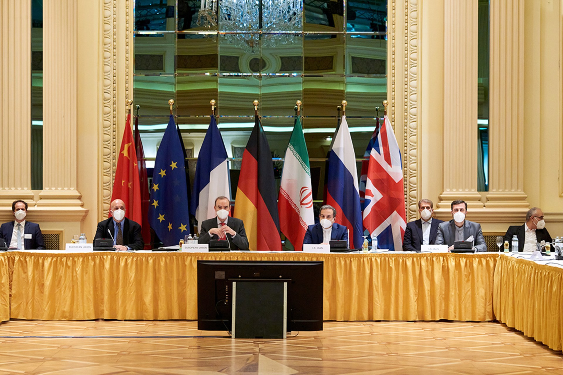 EU Deputy Secretary-General for Political Affairs Enrique Mora and Iranian Deputy Foreign Minister Seyed Abbas Araghchi wait for the start of a meeting of the JCPOA Joint Commission in Vienna.